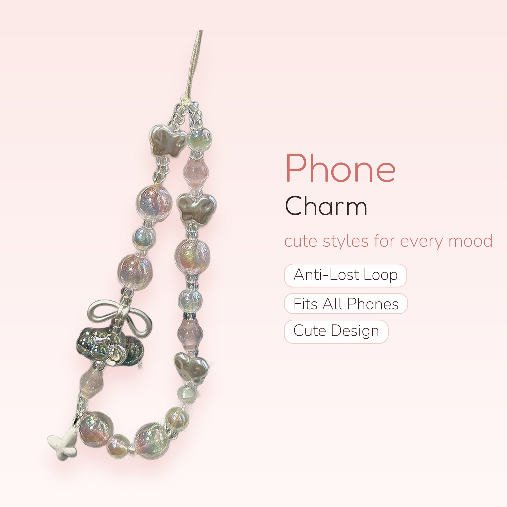 Iridescent Butterfly & Bow Phone Charm | Pastel Beaded Wrist Lanyard