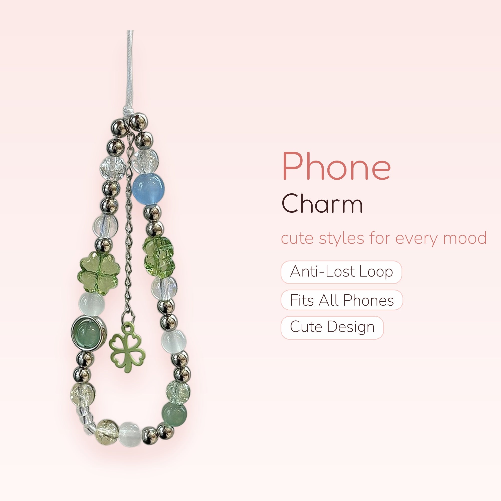 Aesthetic Green & Blue Clover Phone Charm | Beaded Wrist Strap with Silver Accents