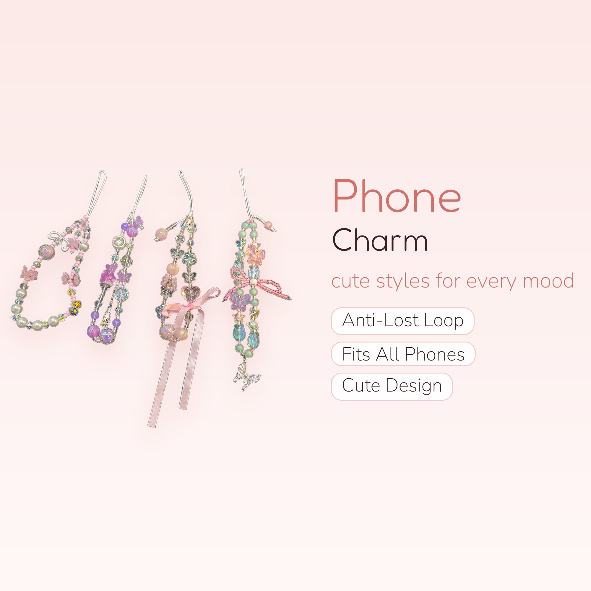 Kawaii Pastel Butterfly & Pearl Phone Charm Straps | Beaded Wrist Lanyards