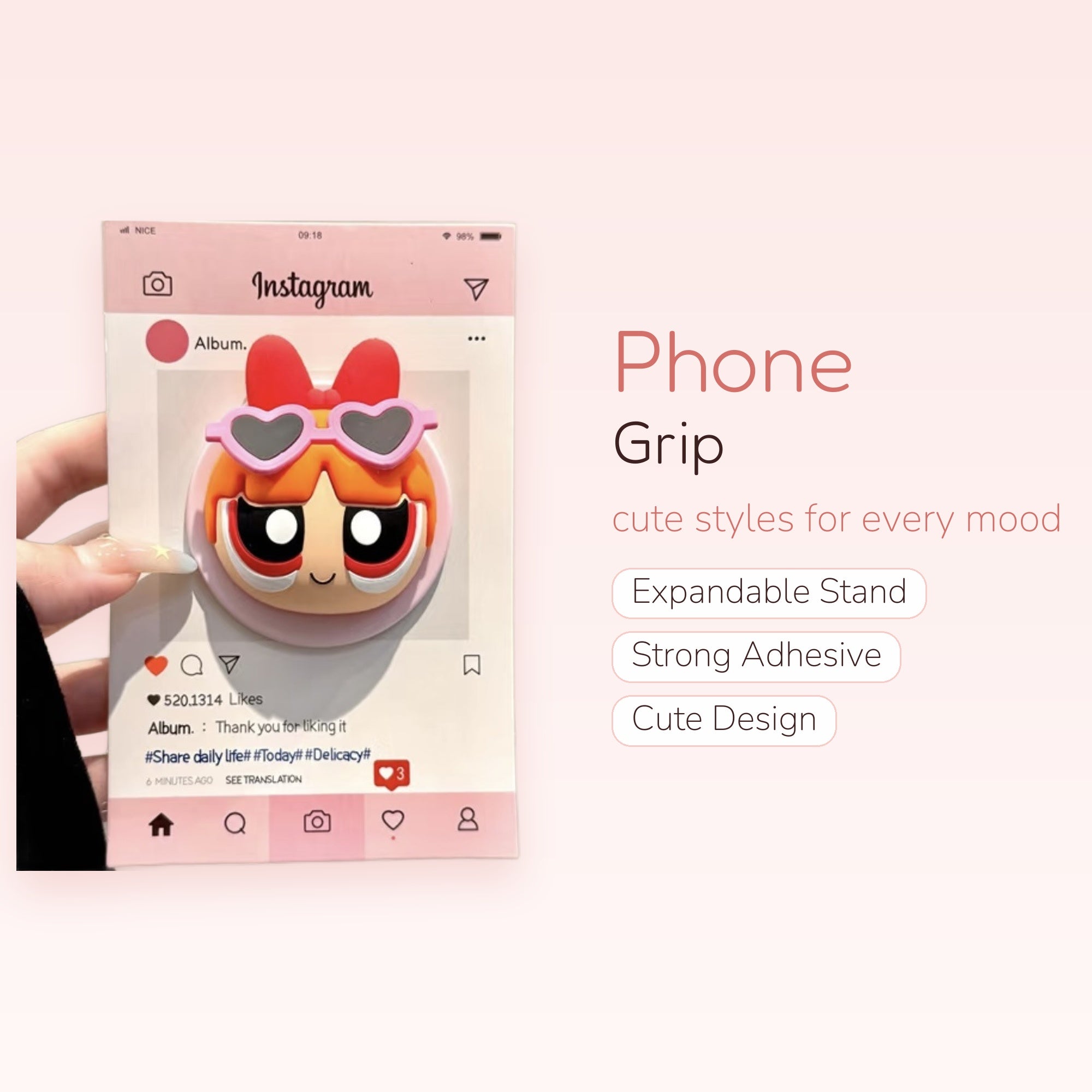 Cute Powerpuff Girls Blossom Phone Grip | Kawaii Heart Sunglasses Pop Socket