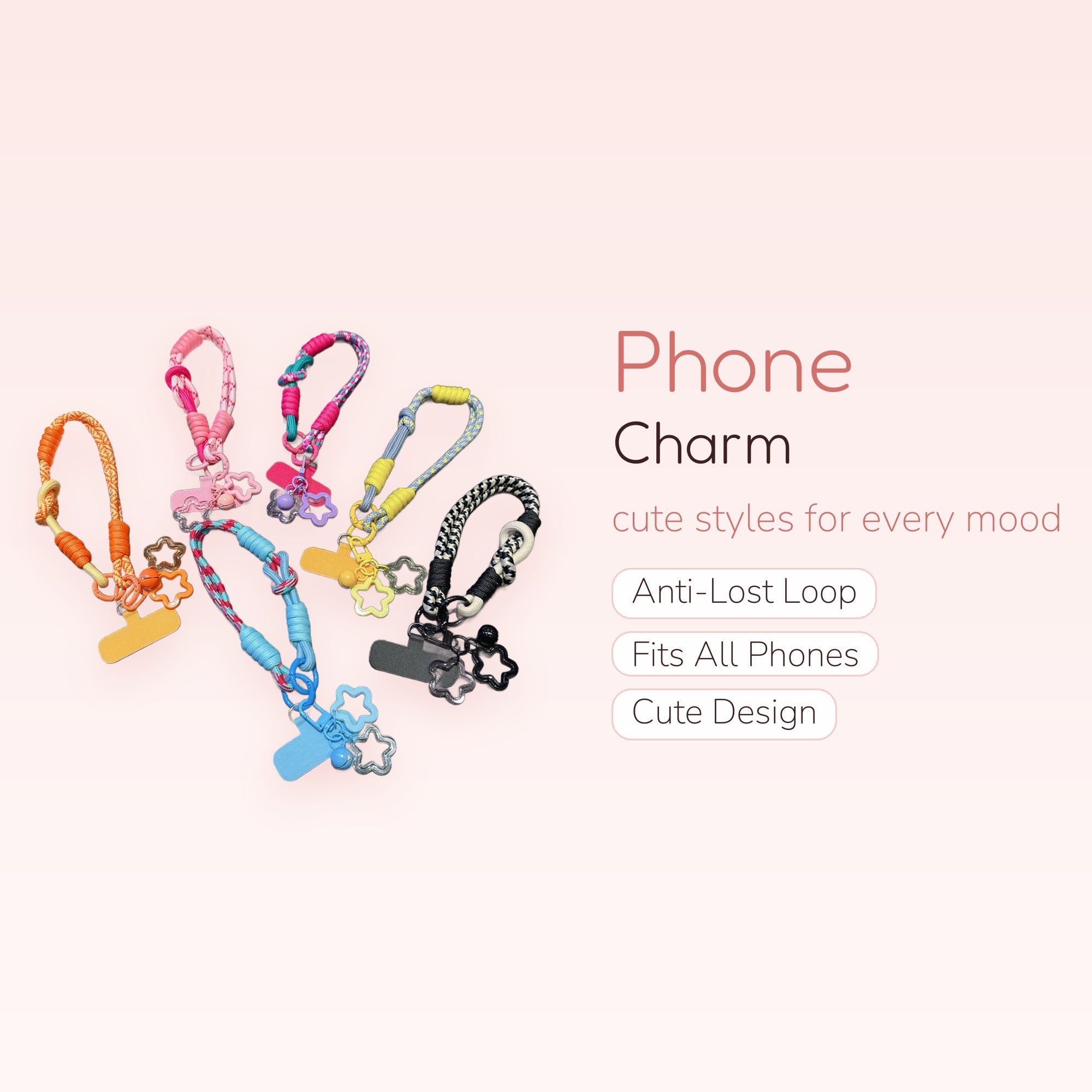 Colorful Braided Rope Phone Charm Strap | Y2K Star & Bell Wrist Lanyard