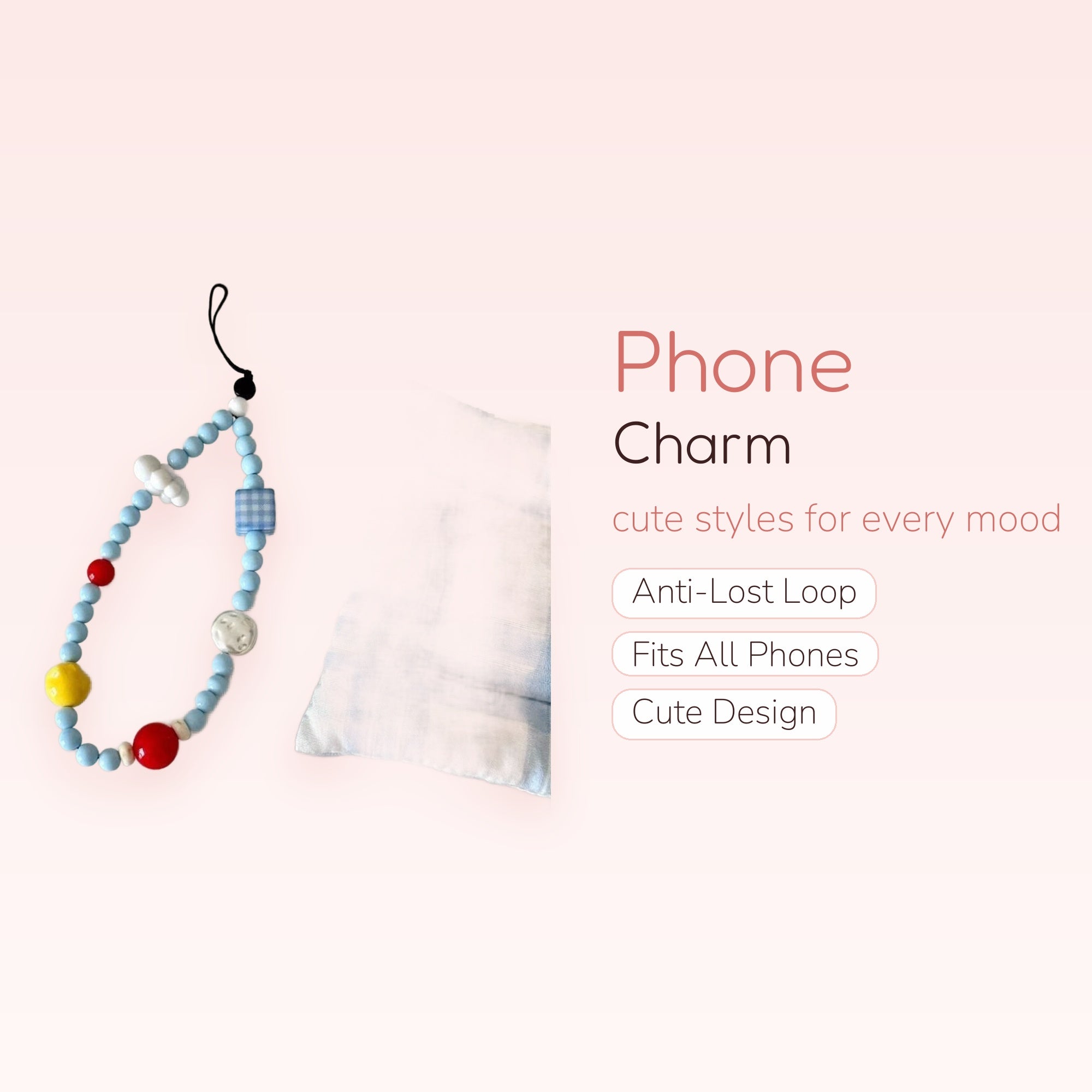 Kawaii Pastel Blue Beaded Phone Charm | Cute Cloud & Gingham Wrist Strap