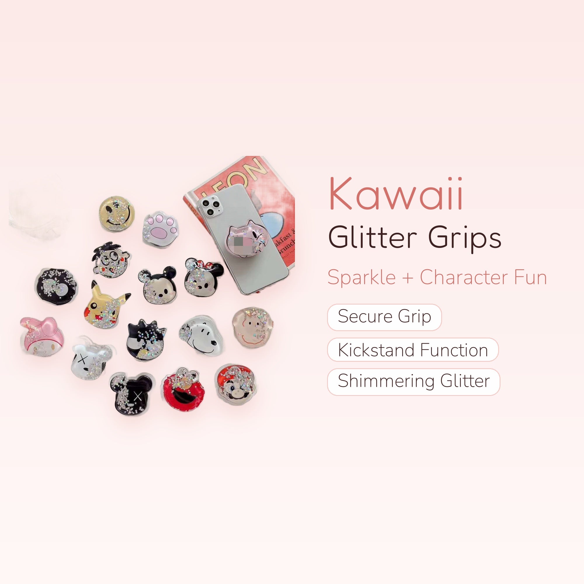 Kawaii Glitter Character Phone Grip | Cute Pop Socket Stand