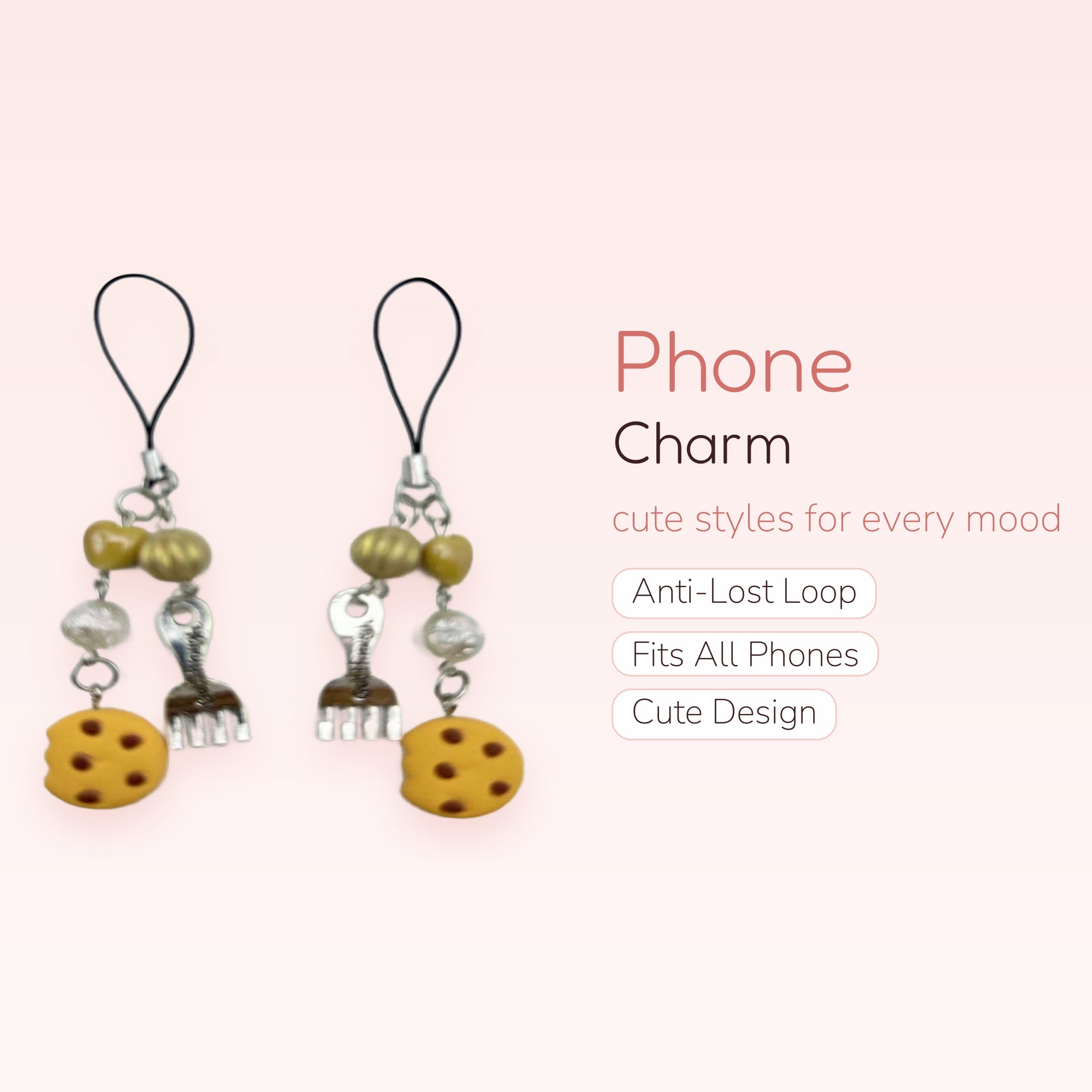 Cute Cookie & Fork Phone Charm | Gold Beaded Wrist Lanyard