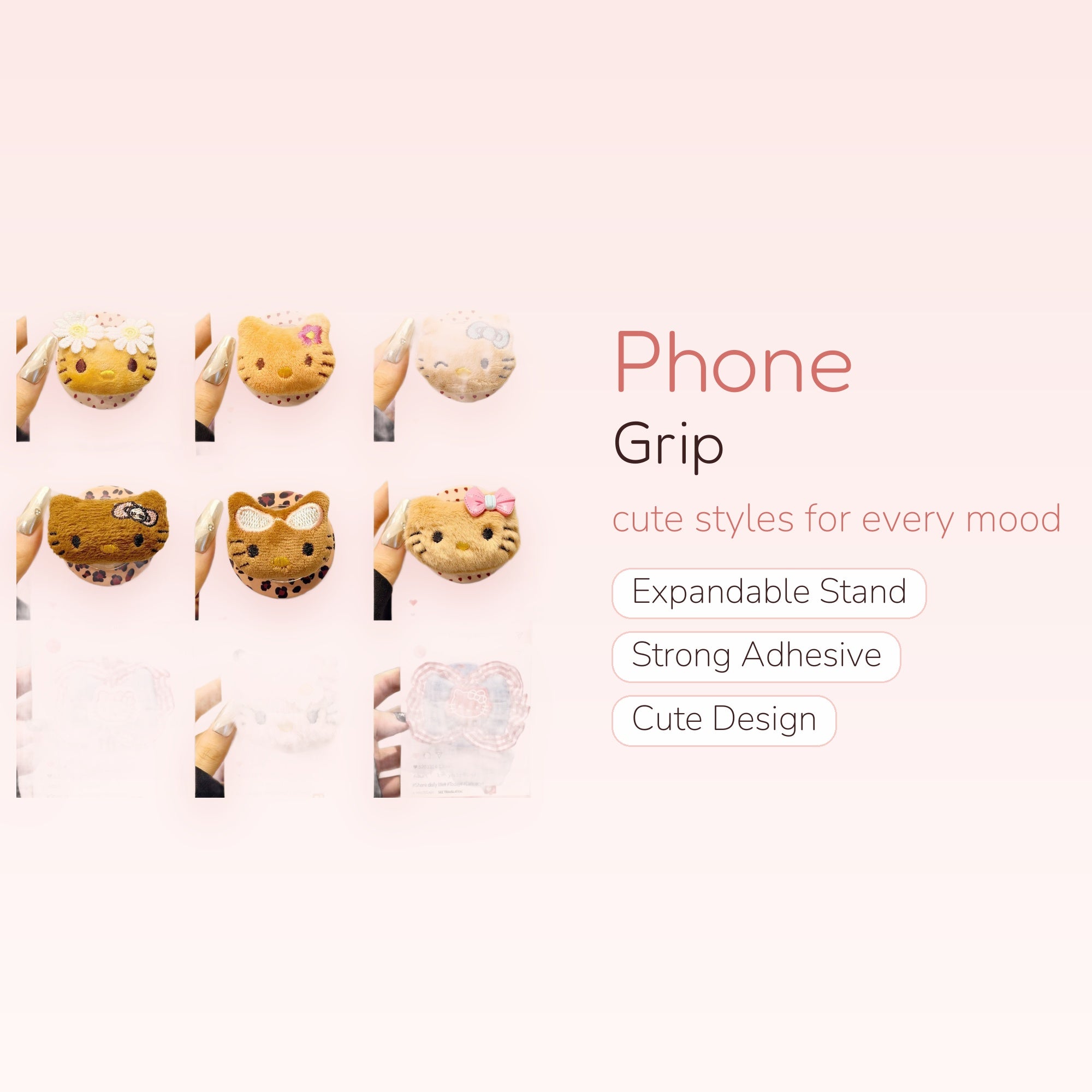 Fluffy Hello Kitty Phone Grip | Cute Cartoon Pop Socket Stand