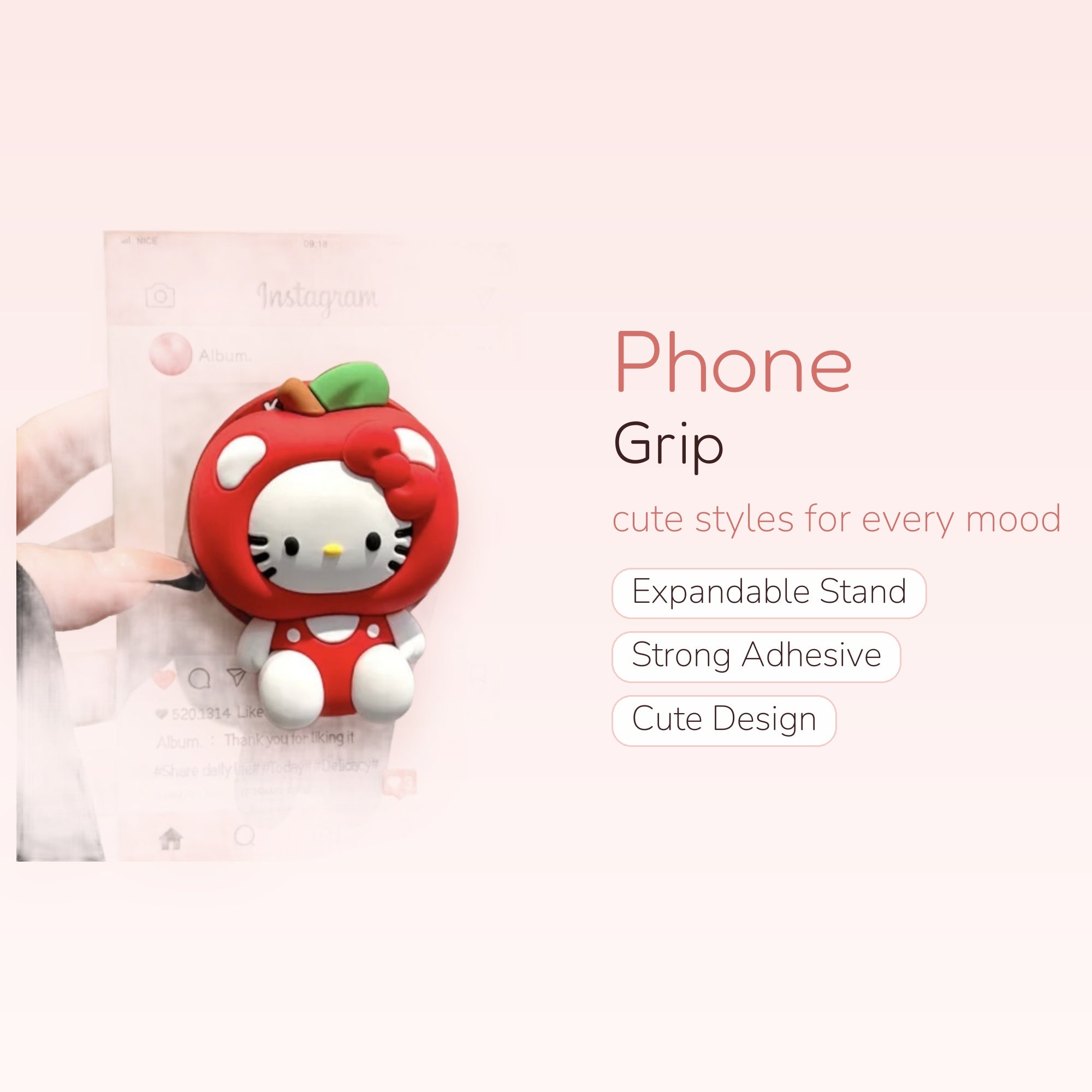 Cute Hello Kitty Apple Phone Grip | Kawaii Red Pop Socket Stand