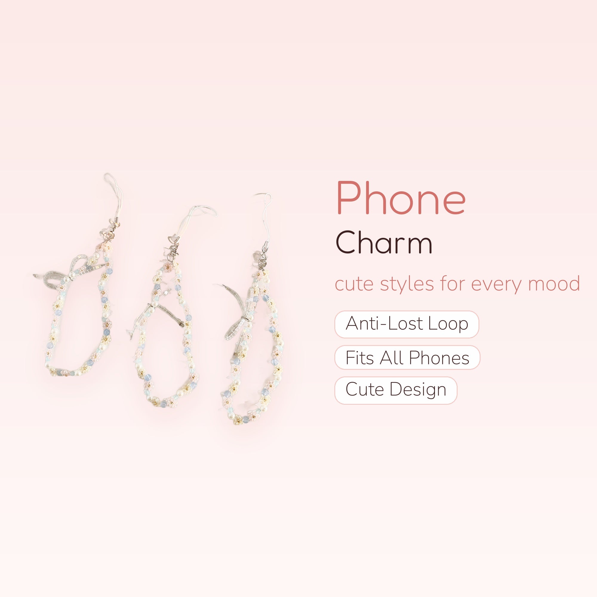 Pastel Beaded Flower & Pearl Phone Charm Strap | Cute Wrist Lanyard with Dragonfly Bows
