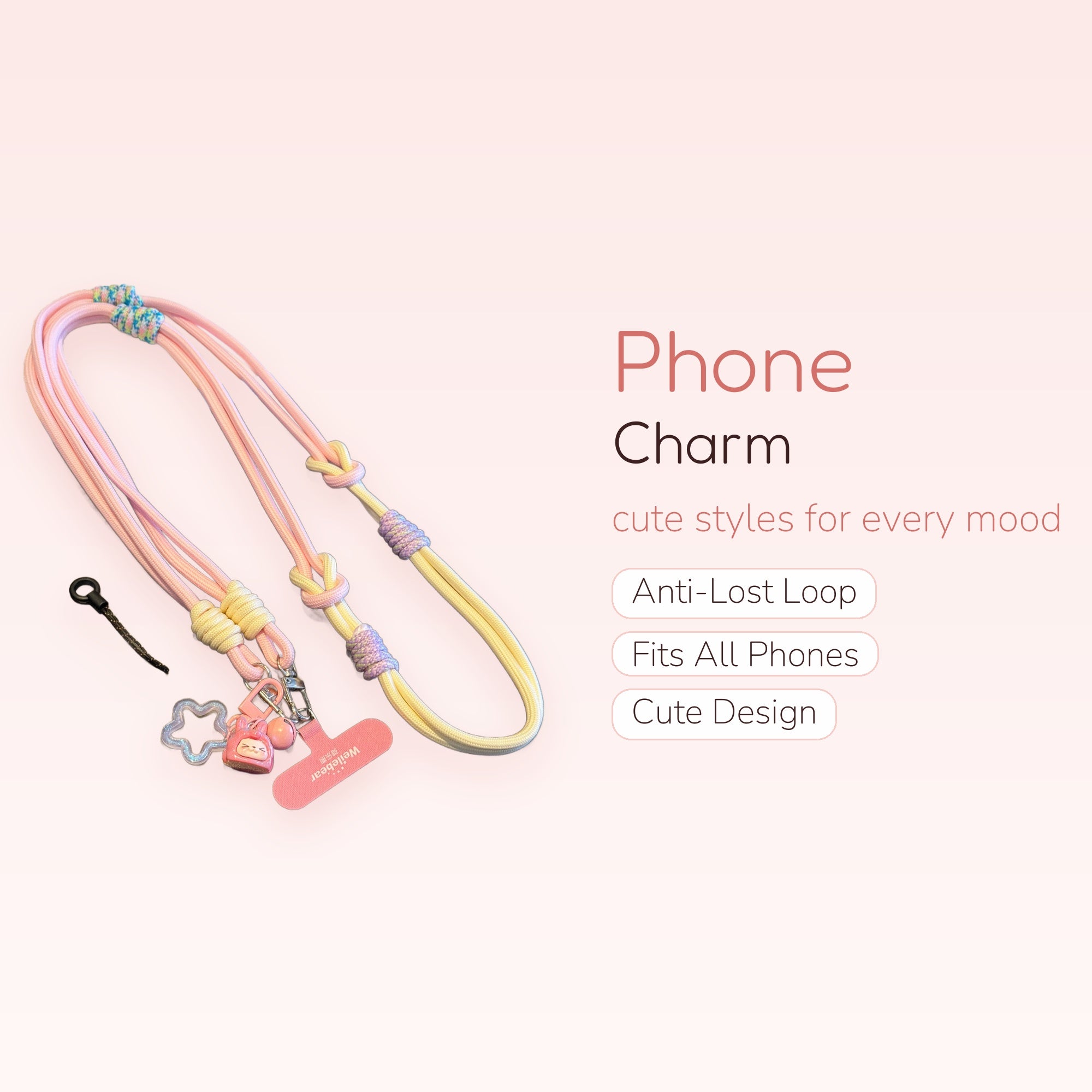 Pastel Pink & Cream Lanyard Phone Charm | Cute Beaded Crossbody Strap with Charms