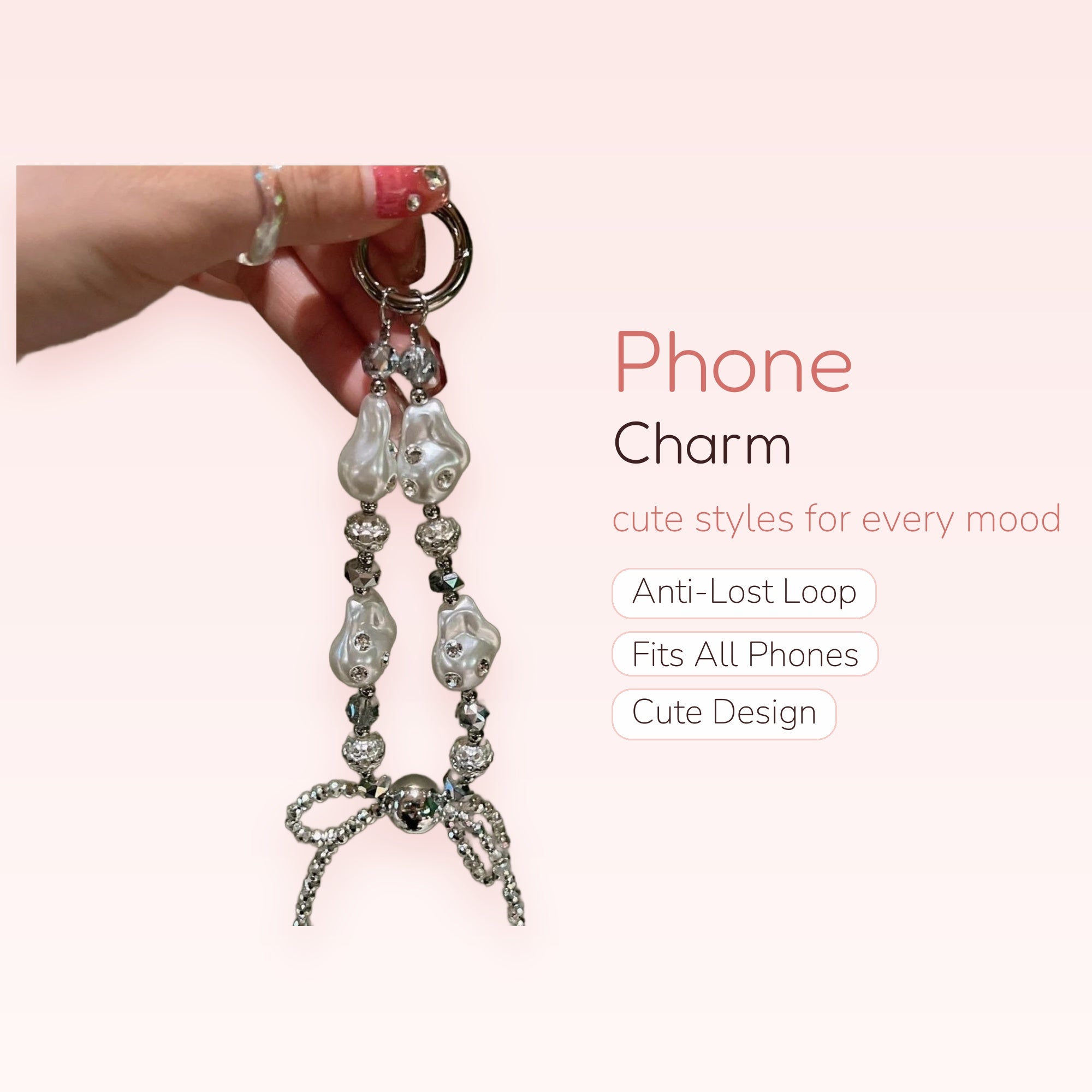 Aesthetic Baroque Pearl & Crystal Phone Charm | Silver Beaded Wrist Strap
