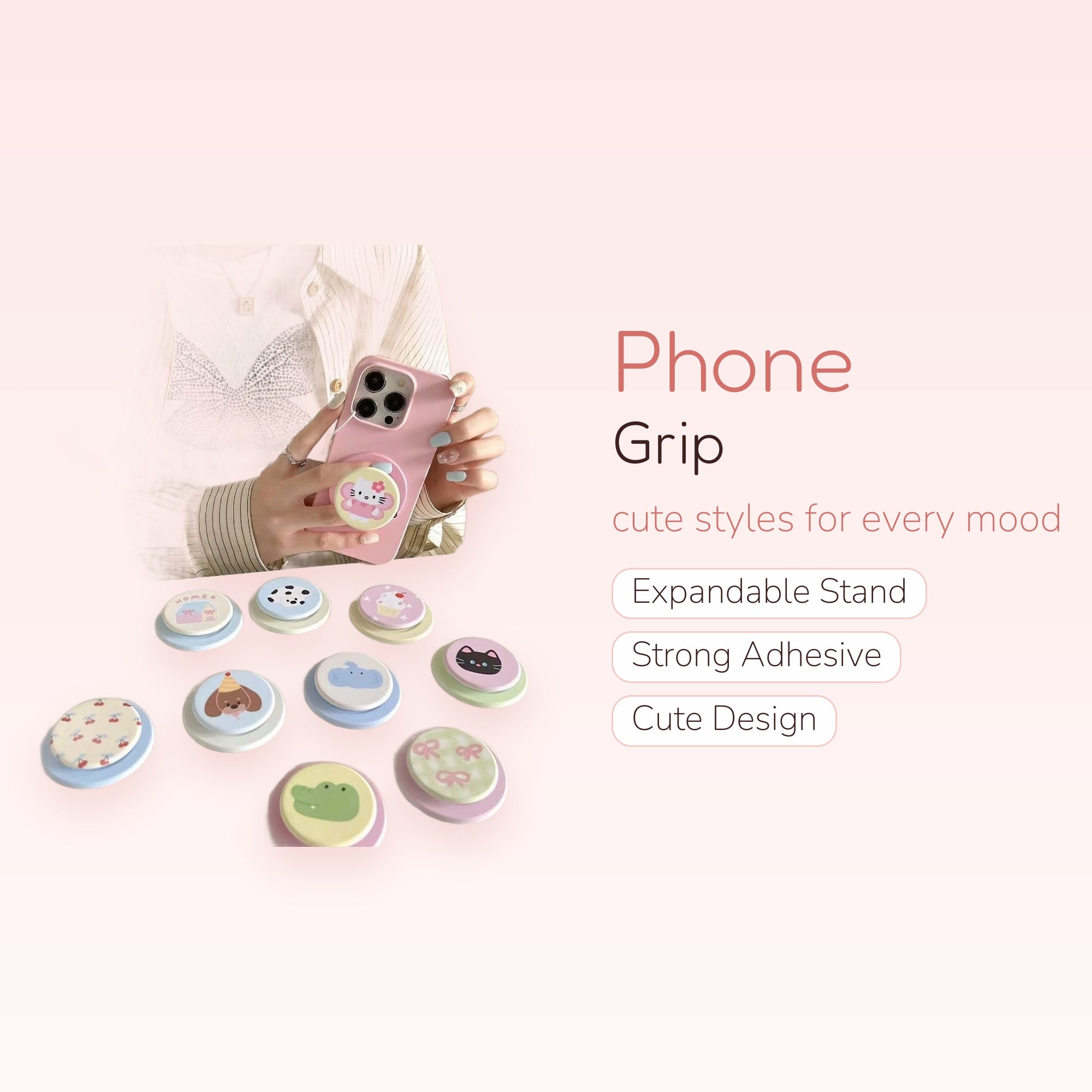 Cute Cartoon Animal & Pattern Phone Grip | Kawaii Pop Socket Stand for iPhone