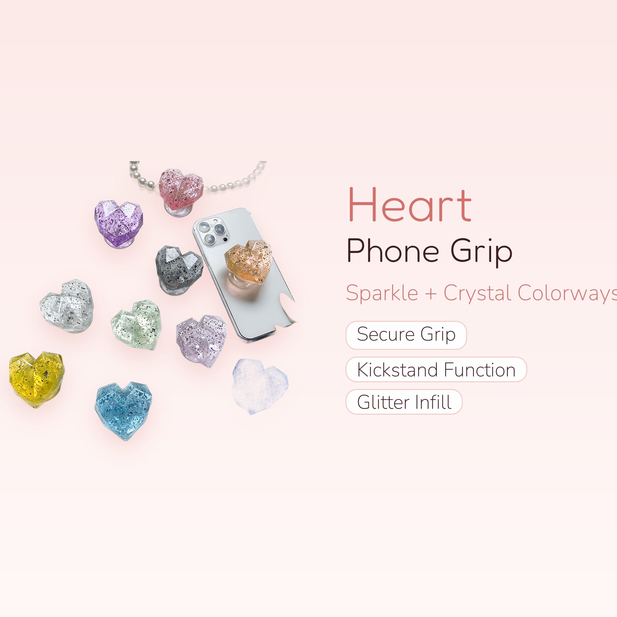 Sparkle Heart Phone Grip | Kawaii Crystal Phone Stand