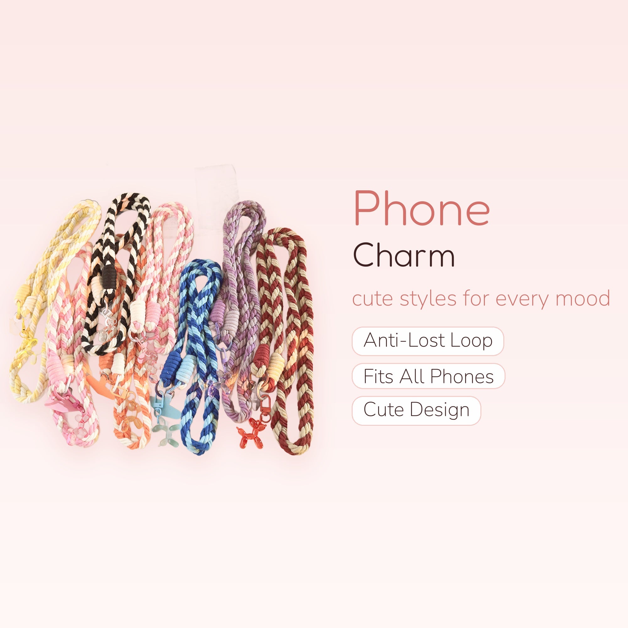 Braided Rope Phone Lanyard with Balloon Dog Charm | Aesthetic Crossbody Phone Strap