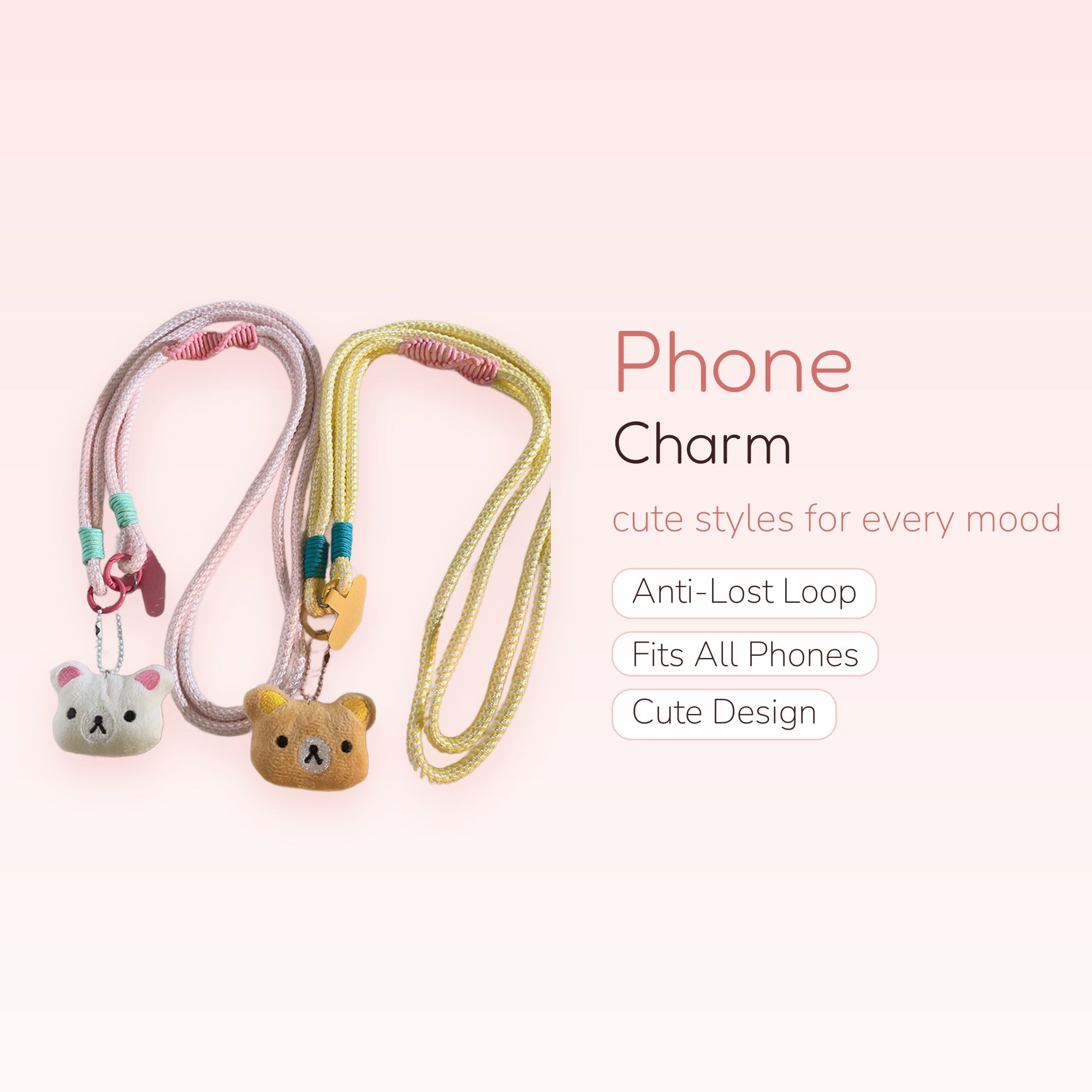 Kawaii Rilakkuma & Korilakkuma Plush Phone Lanyard | Pastel Pink & Yellow Neck Strap