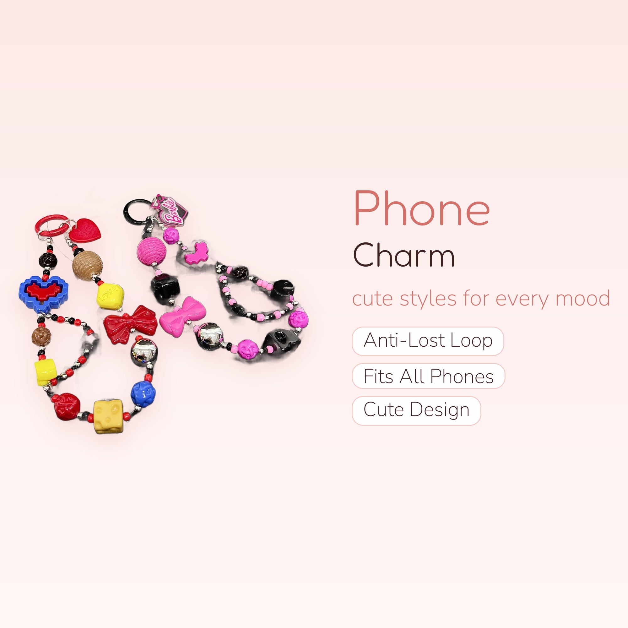 Y2K Beaded Phone Charm Strap | Colorful Heart Bow & Barbie Core Wrist Lanyard