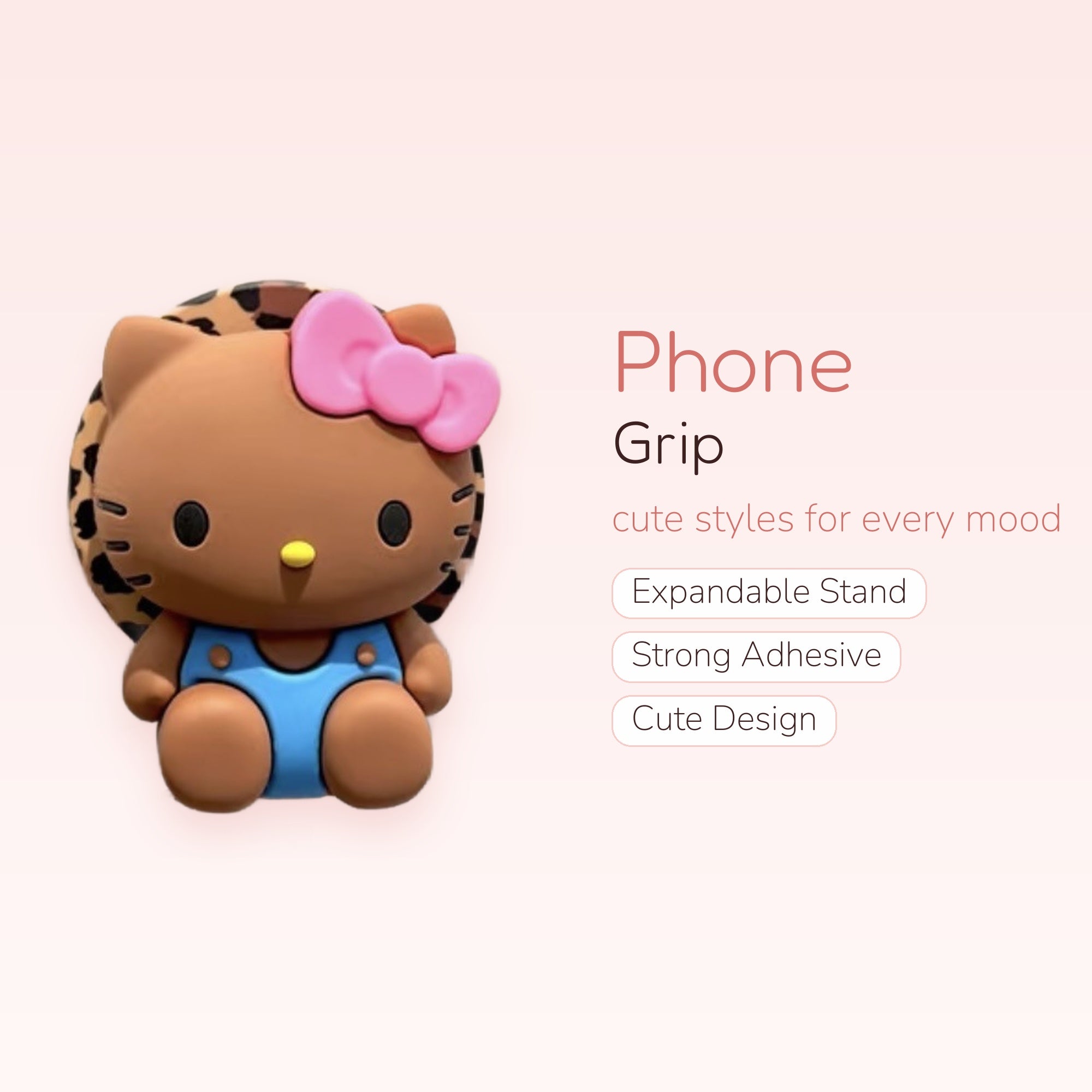 Kawaii Hello Kitty Leopard Print Phone Grip | Cute Brown Kitty Pop Socket Stand