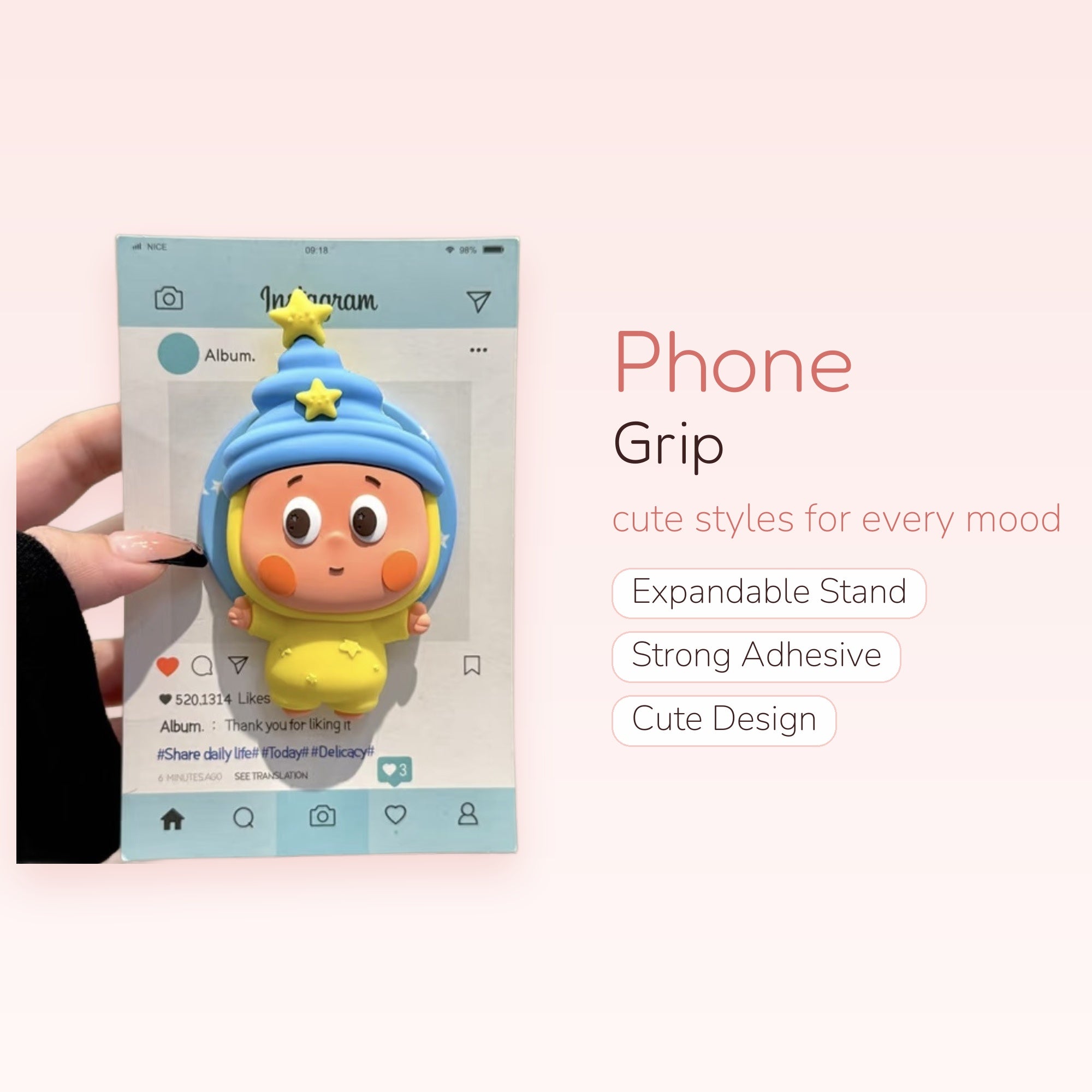 Cute Blue & Yellow Starry Character Phone Grip | Kawaii Silicone Pop Socket Stand