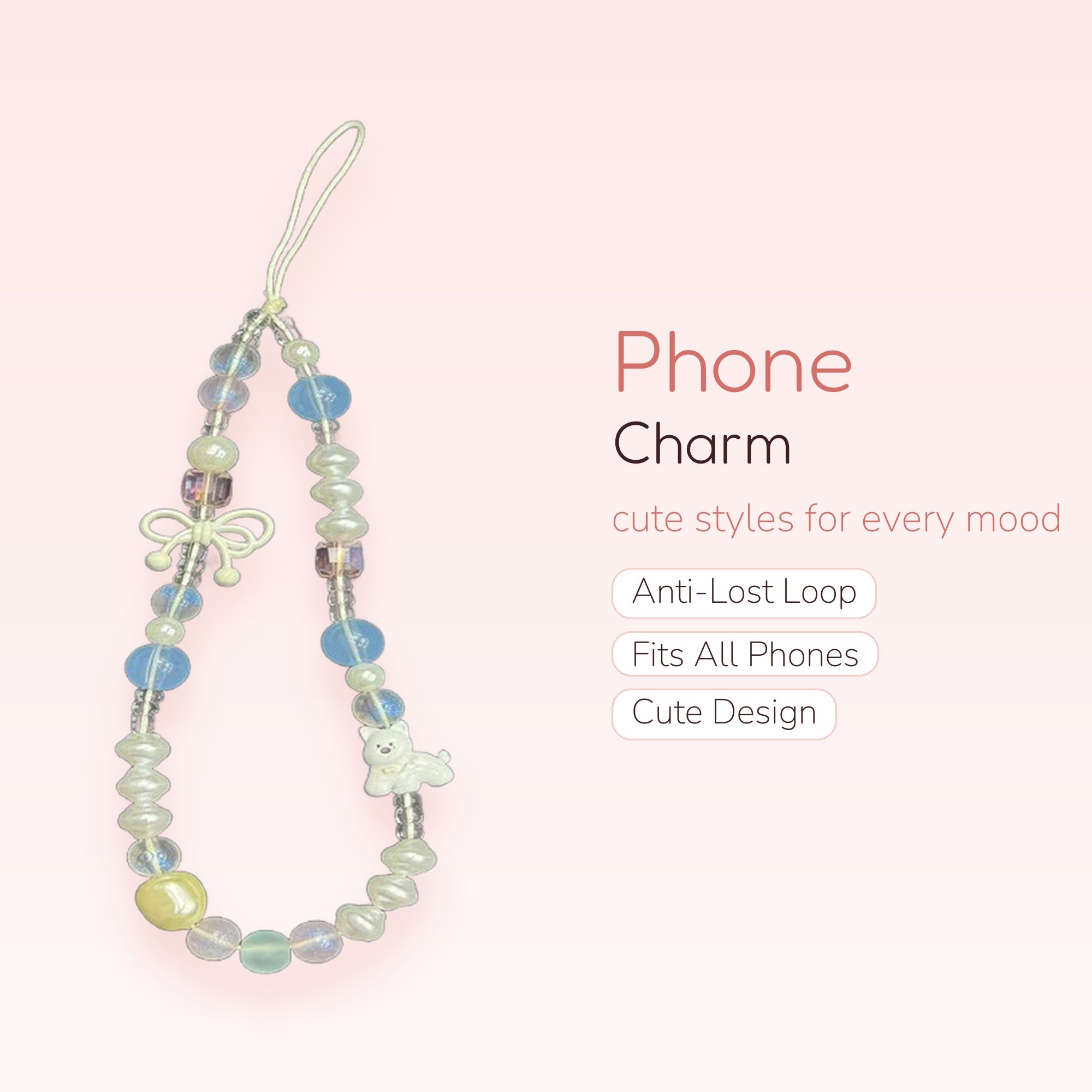 Kawaii Pastel Beaded Phone Charm Strap | Cute Pearl & Puppy Wrist Lanyard