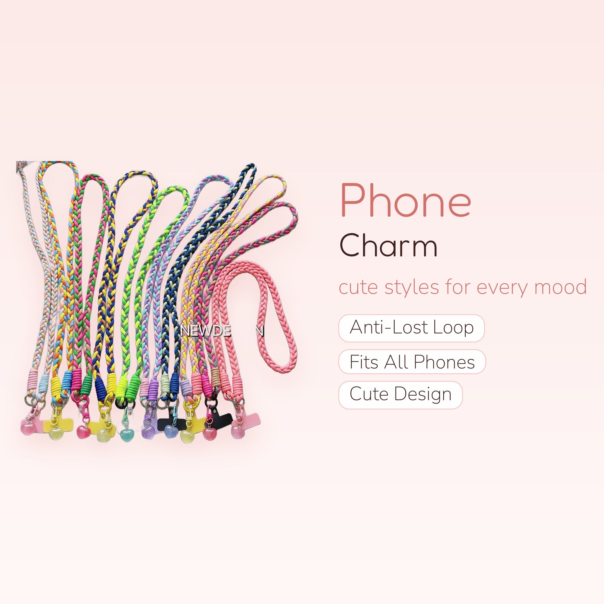 Colorful Braided Lanyard Phone Charm | Aesthetic Heart Pendant Wrist Strap