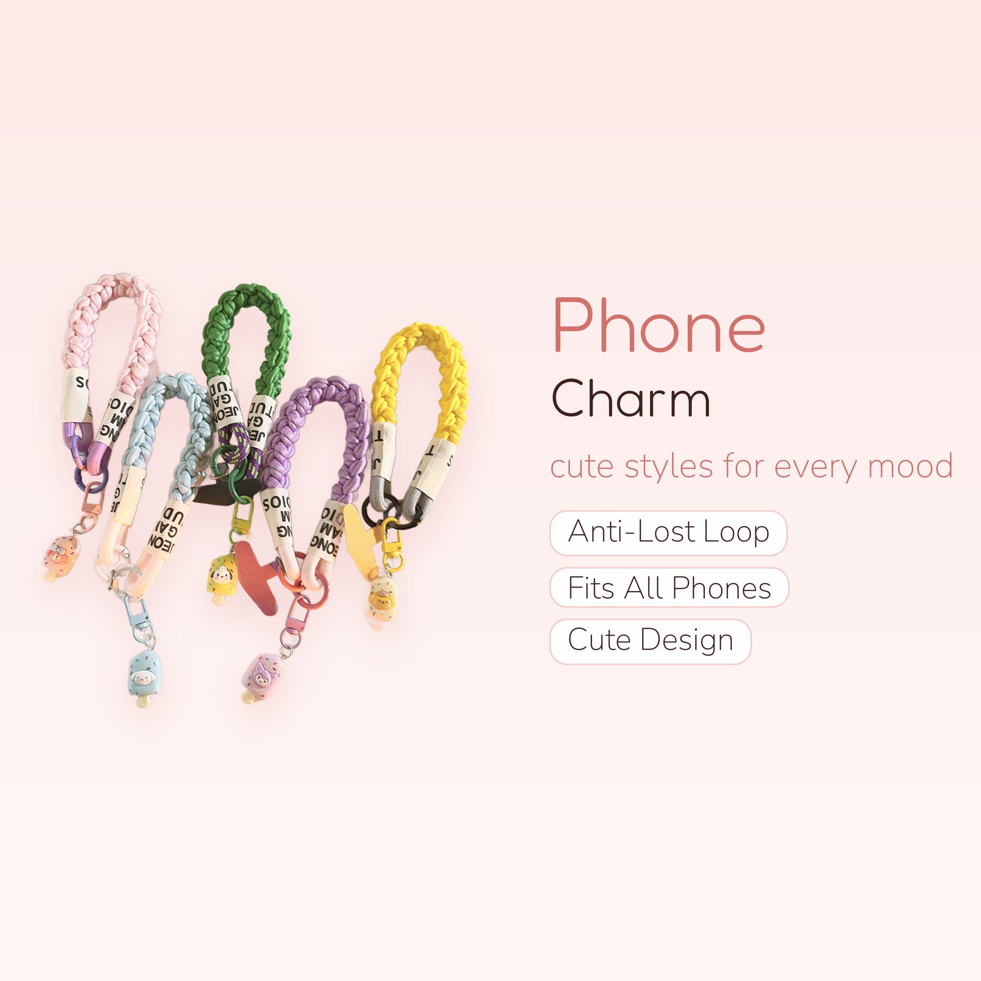 Kawaii Braided Rope Phone Charm Strap with Ice Cream Pendant | Pastel Wrist Lanyard