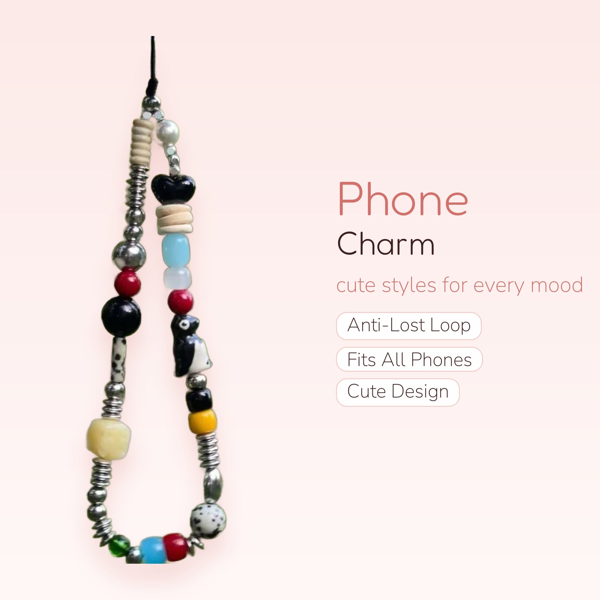 Cute Beaded Phone Charm Strap | Black Heart & Penguin Charm Lanyard