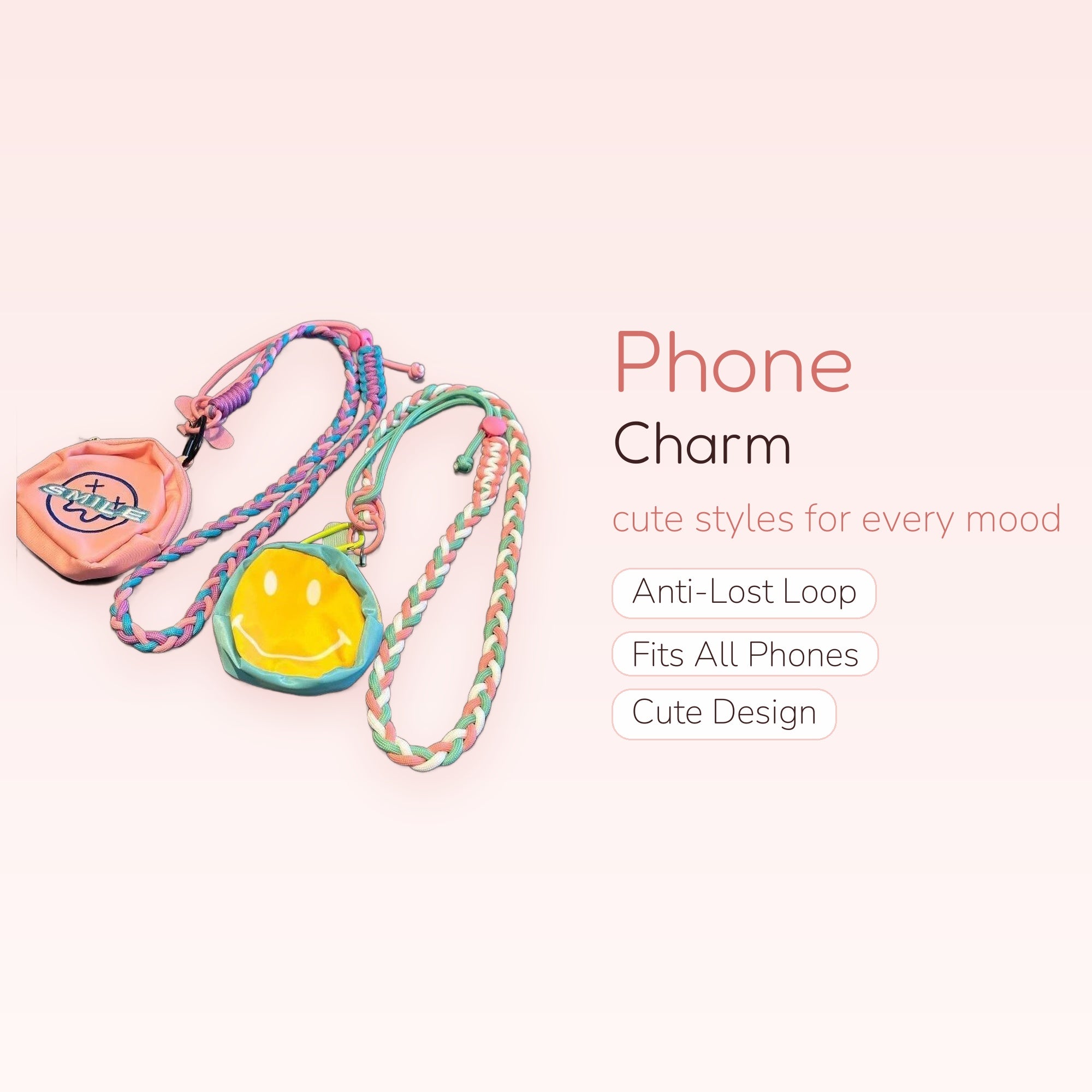 Cute Braided Lanyard Phone Charm | Pastel Pink Blue Green White Wrist Strap