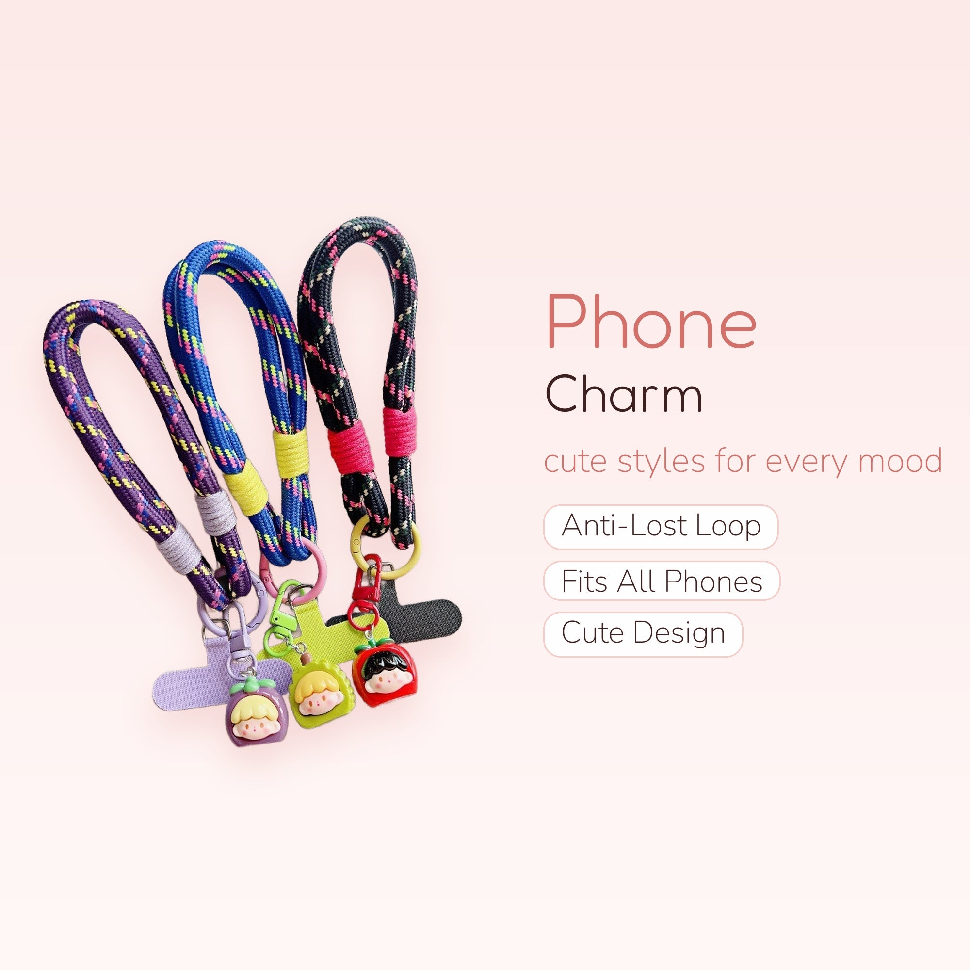 Colorful Braided Rope Phone Charm Lanyard | Cute Fruit Character Wrist Strap