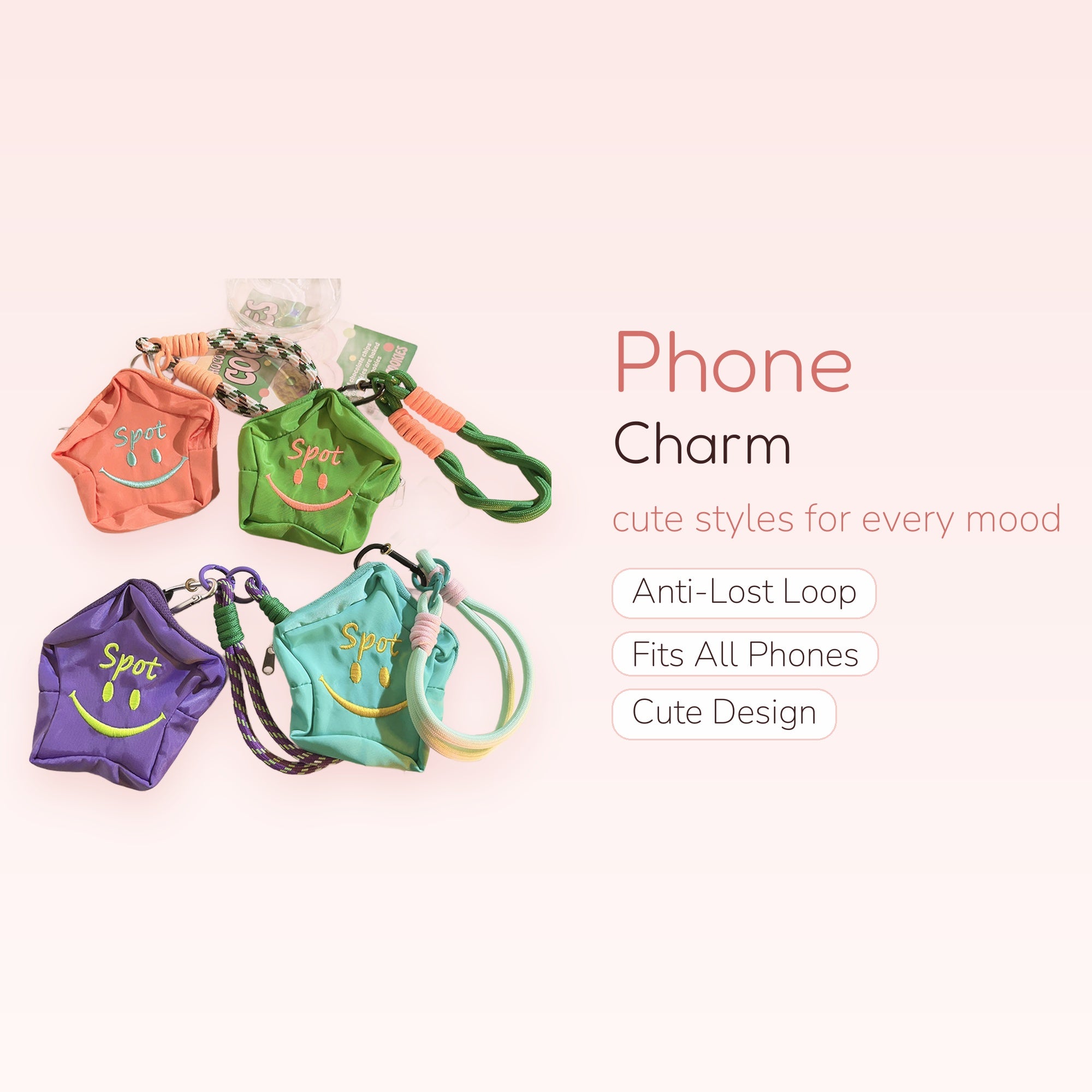 Kawaii Star Pouch Phone Charm Strap | Cute Embroidered Smiley Face Wrist Lanyard