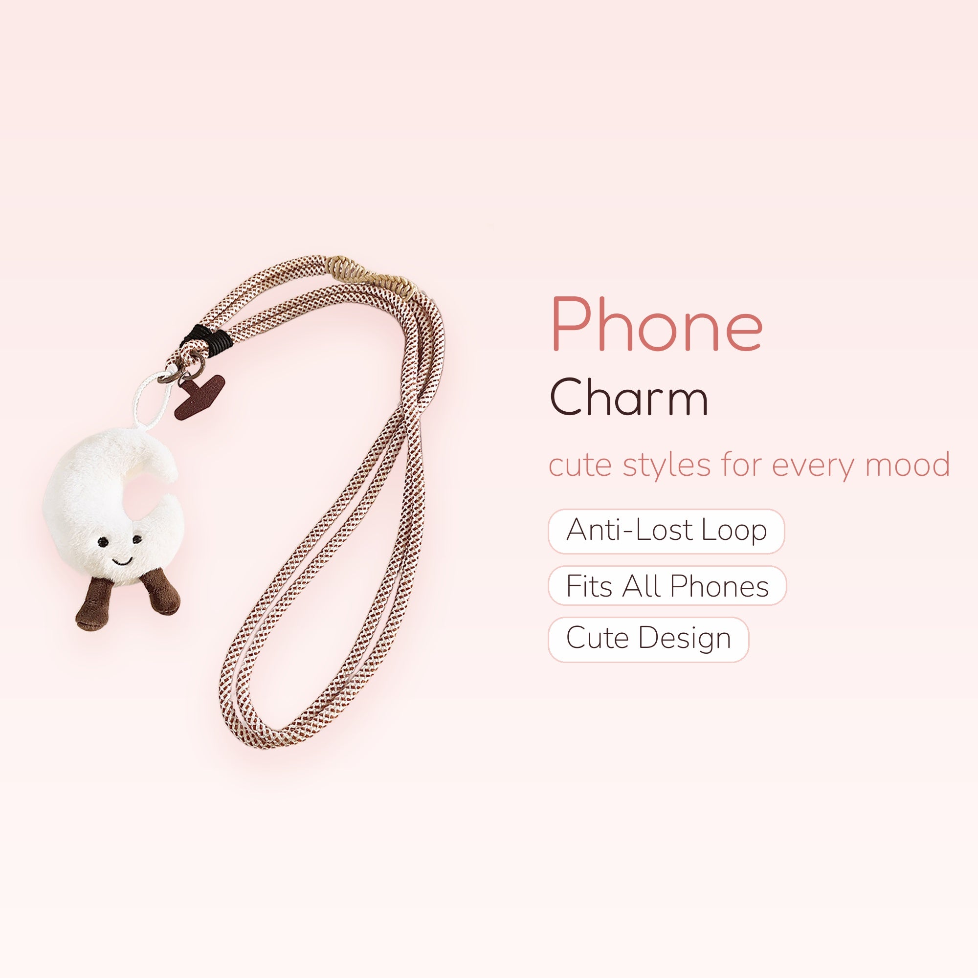 Cute Crescent Moon Plush Phone Charm Lanyard | Aesthetic Brown & White Strap