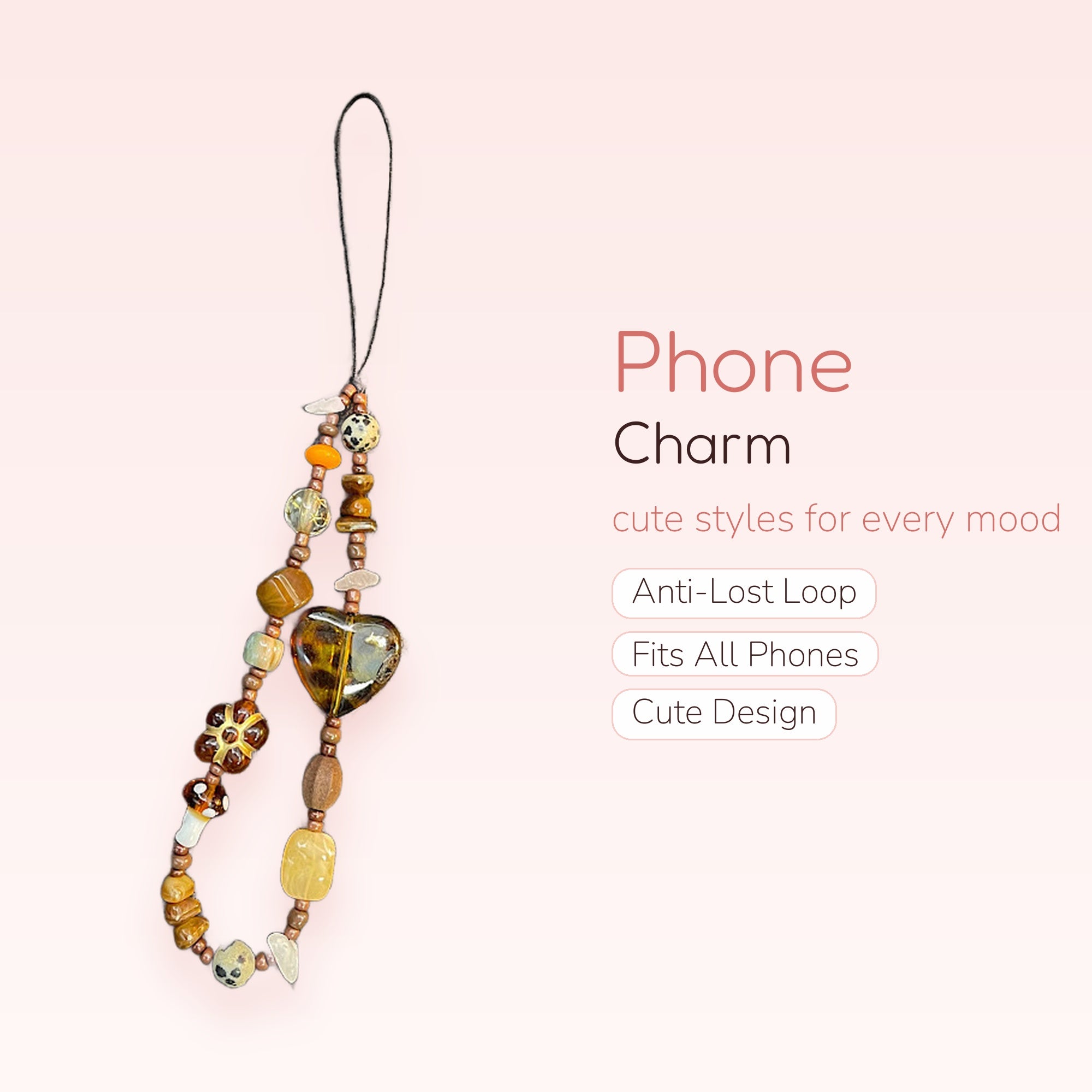 Aesthetic Tiger Eye & Heart Phone Charm Strap | Earthy Beaded Wrist Lanyard