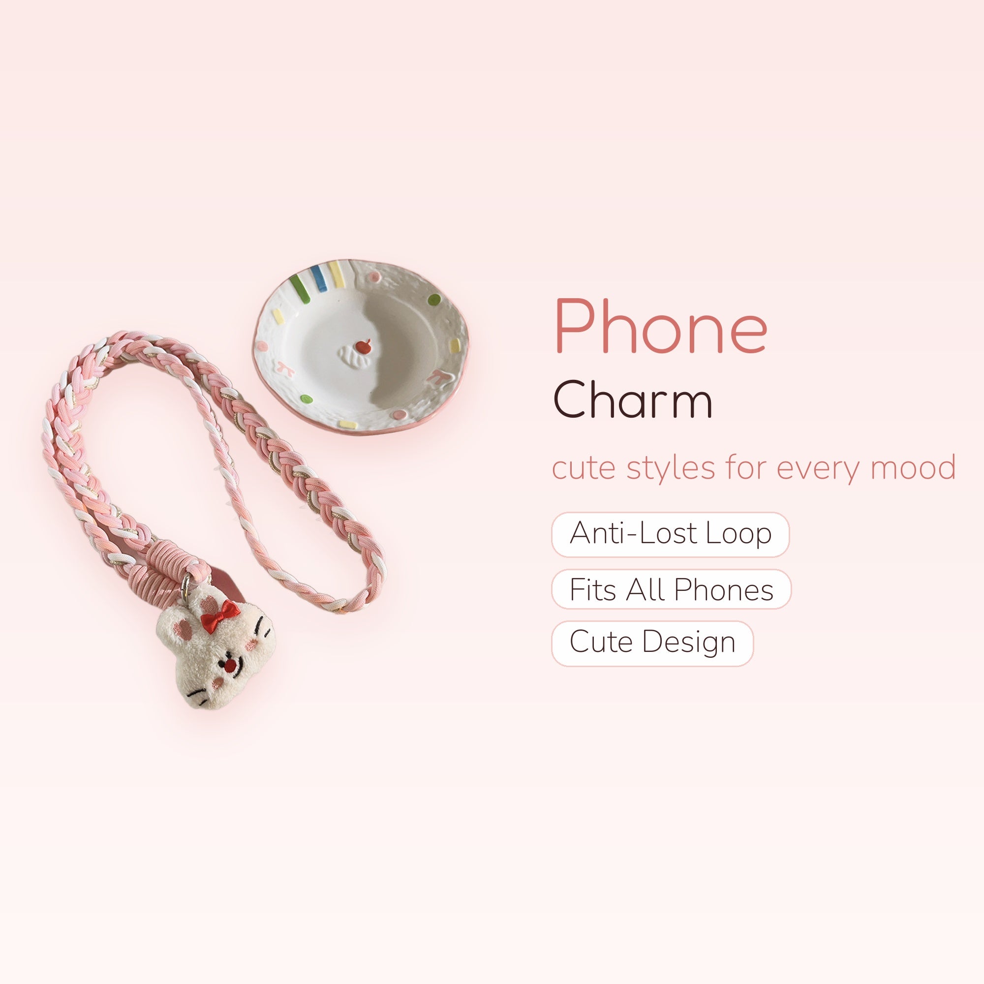 Kawaii Braided Lanyard Phone Charm | Pink & White Bunny Plushie Strap