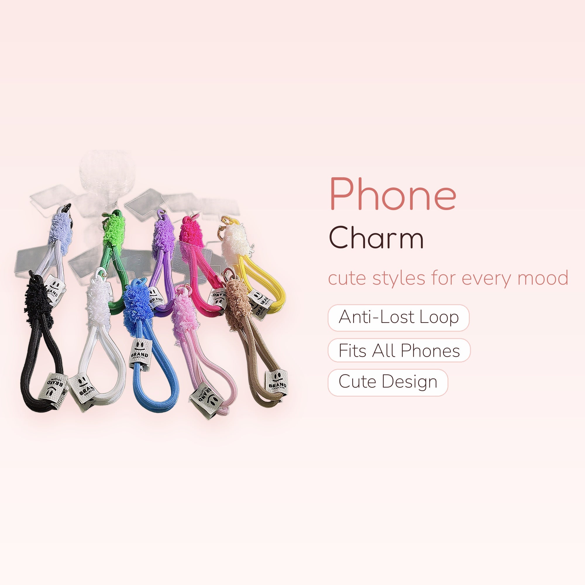 Cute Fluffy & Cord Phone Charm Strap | Colorful Wrist Lanyard with Smiley Tag