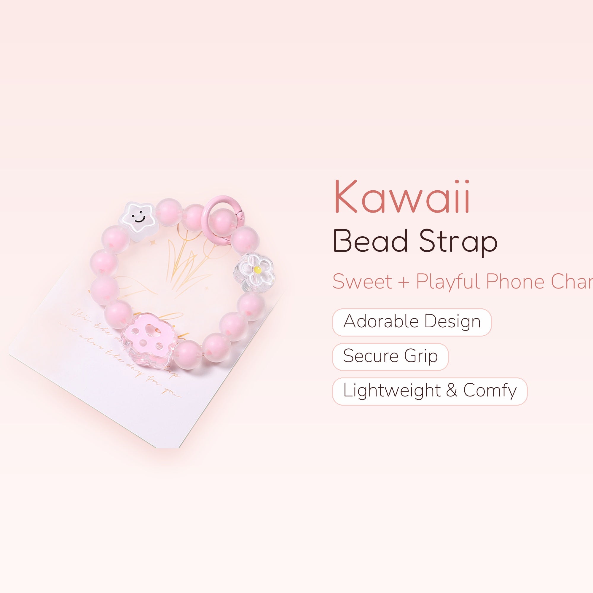 Kawaii Pink Beaded Phone Charm Strap | Cute Wrist Lanyard