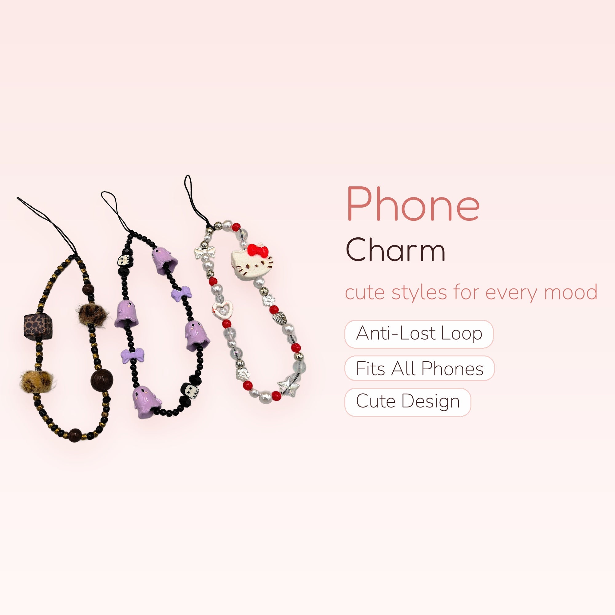 Aesthetic Beaded Phone Charm Set | Kawaii Ghost, Leopard Print & Hello Kitty Wrist Straps