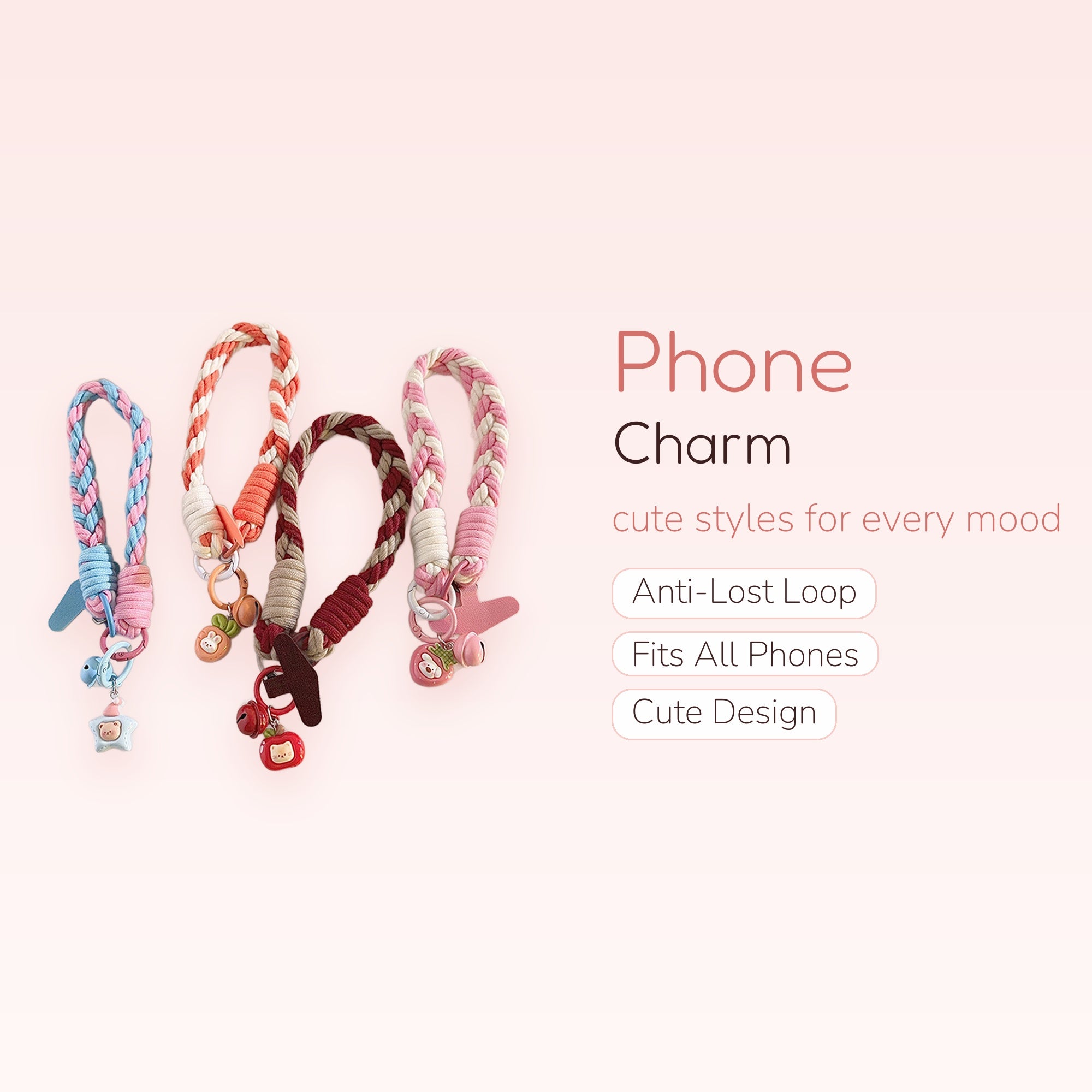 Kawaii Braided Rope Phone Charm Wristlet | Cute Animal & Fruit Charm Lanyard