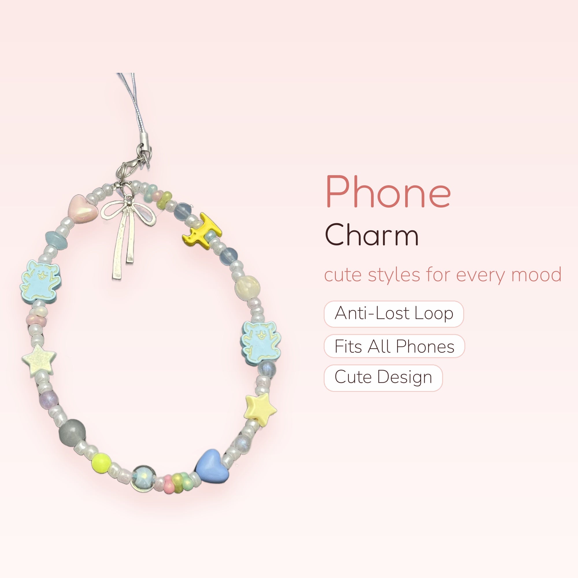 Pastel Beaded Phone Charm Strap | Kawaii Bear & Star Wrist Lanyard