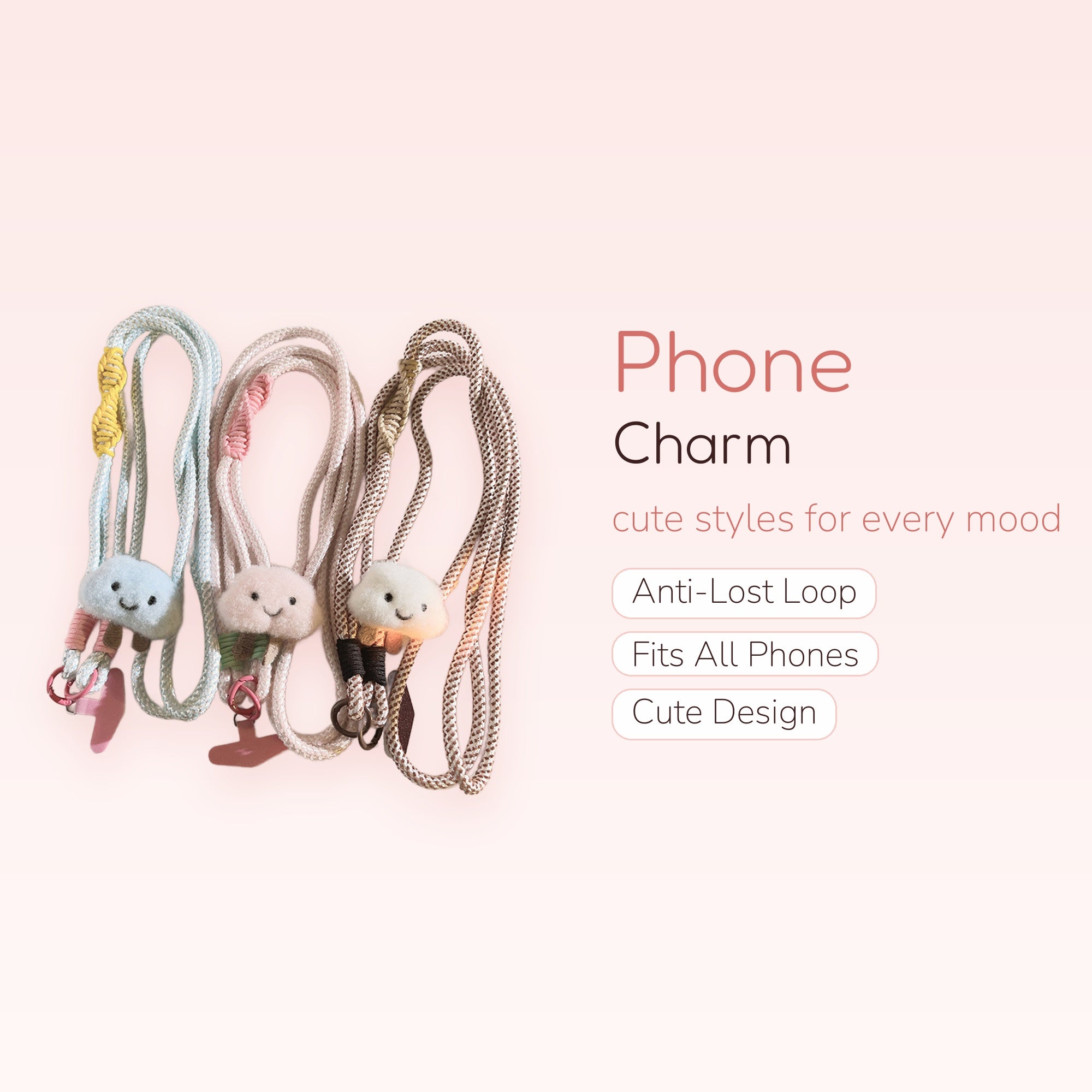 Cute Cloud Plush Phone Lanyard | Pastel Braided Crossbody Strap with Smiley Face