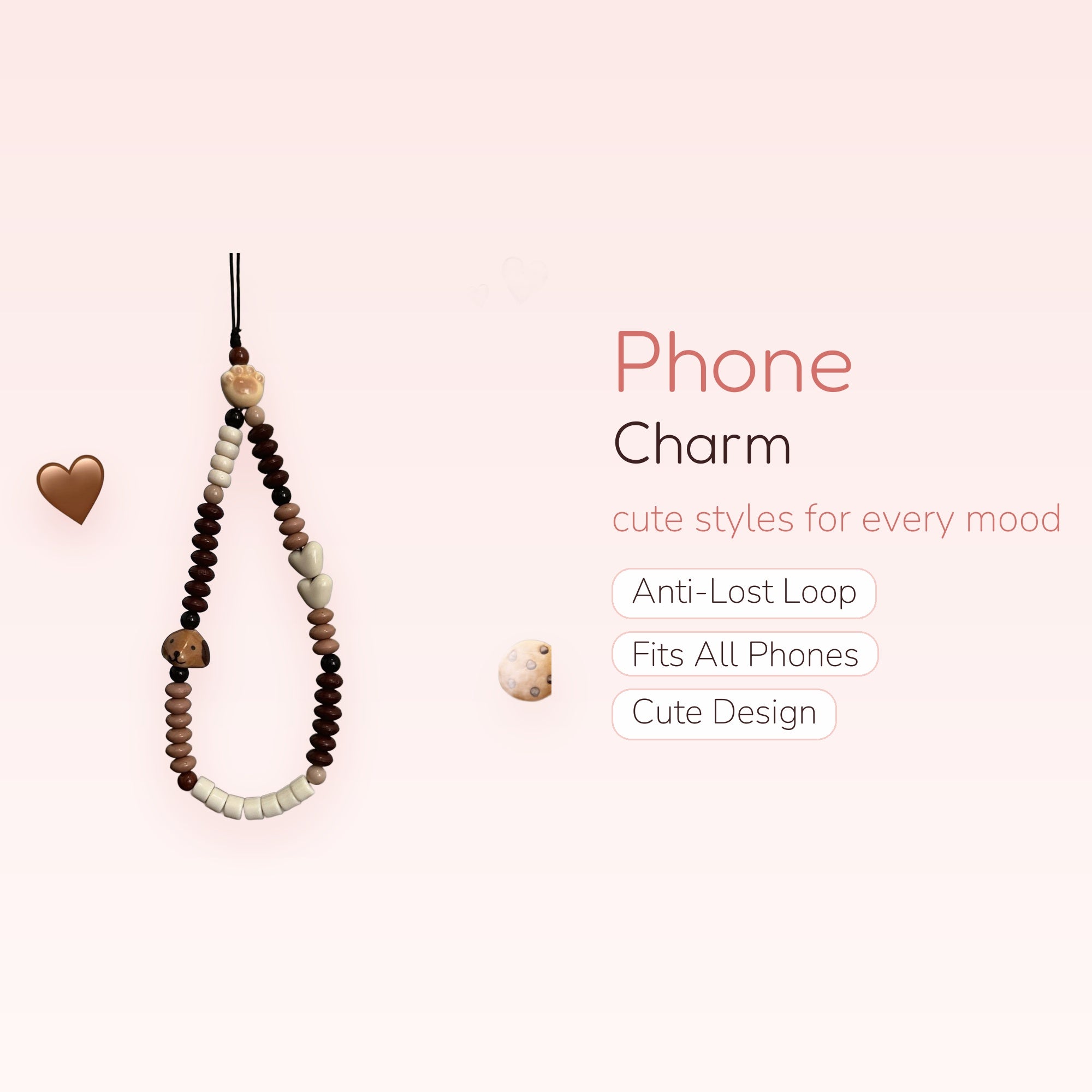 Cute Brown & White Beaded Phone Charm | Puppy Paw Print Wrist Lanyard