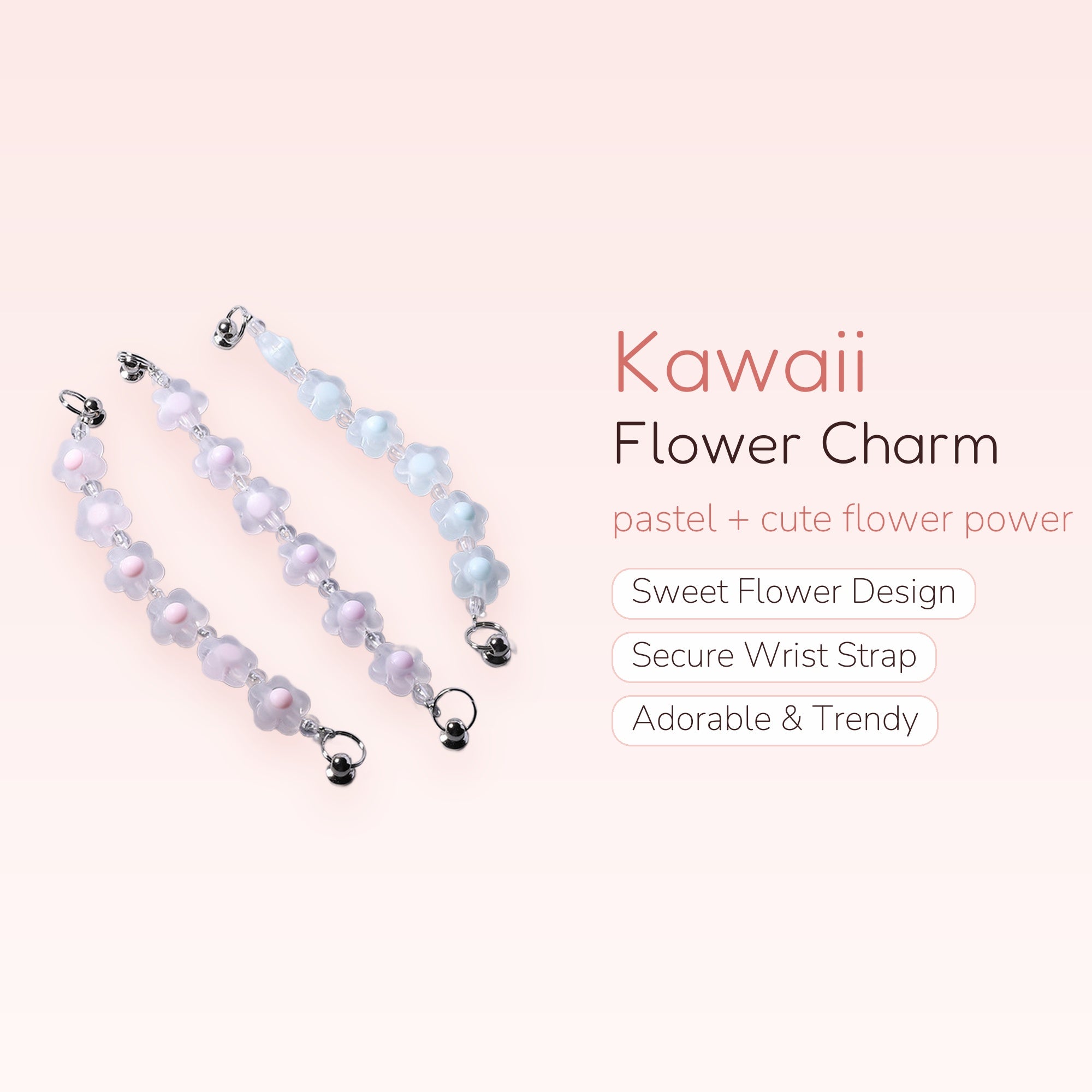 Kawaii Flower Bead Phone Charm Strap | Pastel Wrist Lanyard