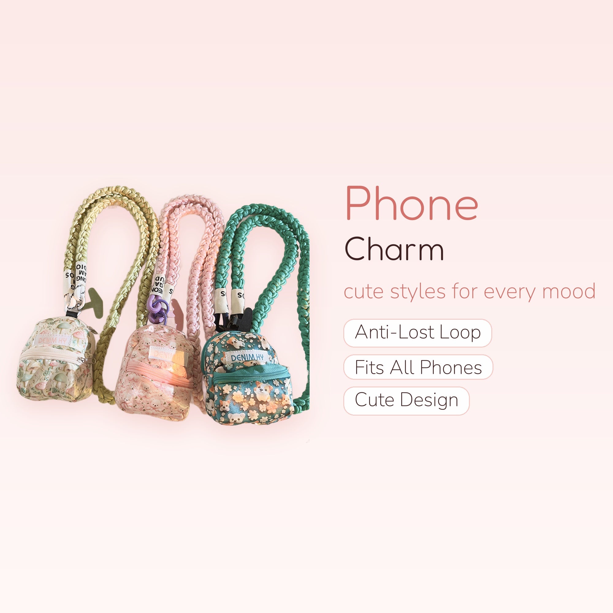 Kawaii Mini Backpack Phone Charm Lanyard | Braided Strap with Cute Patterned Pouch