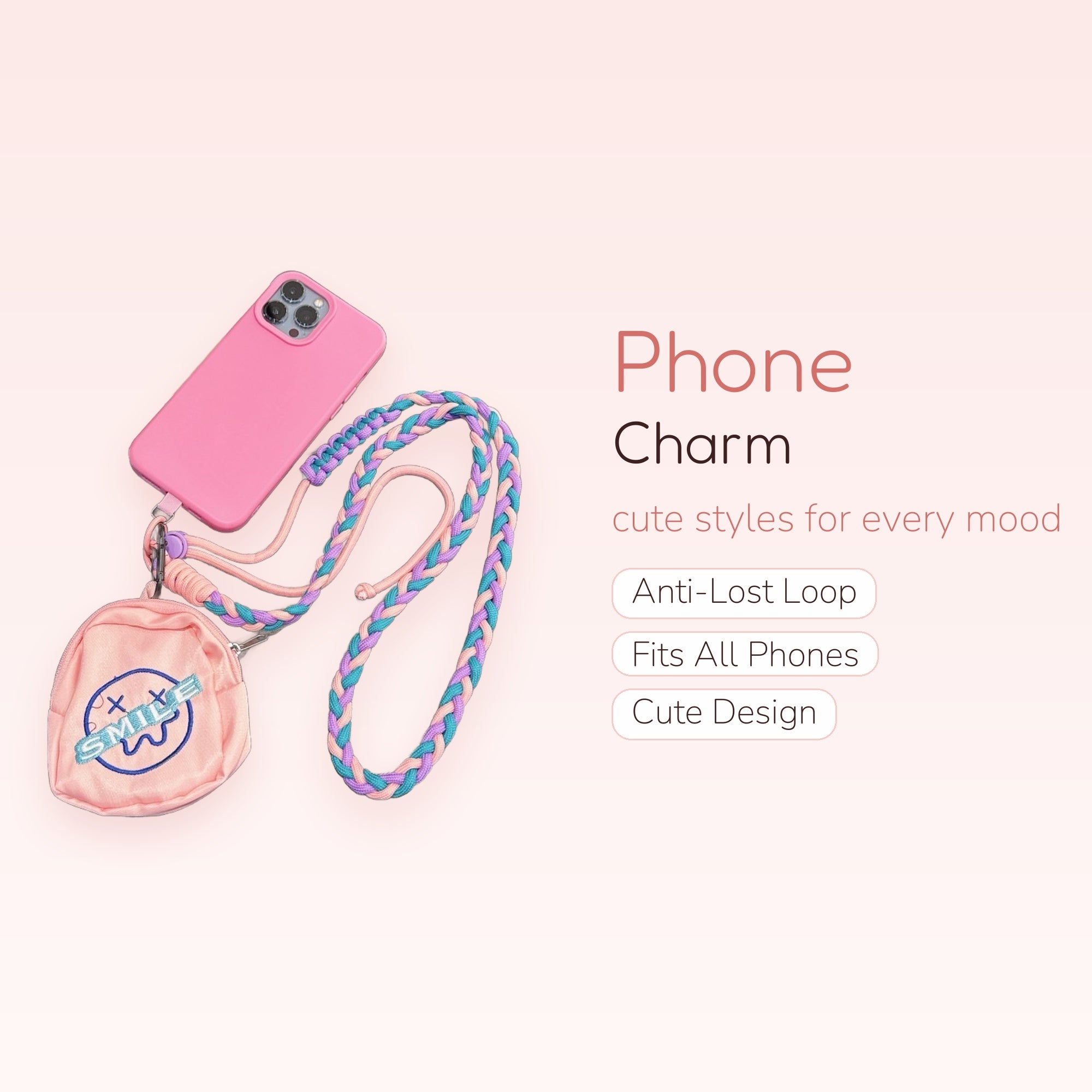 Pink Phone Case with Braided Lanyard & Mini Pouch | Kawaii Crossbody Phone Charm