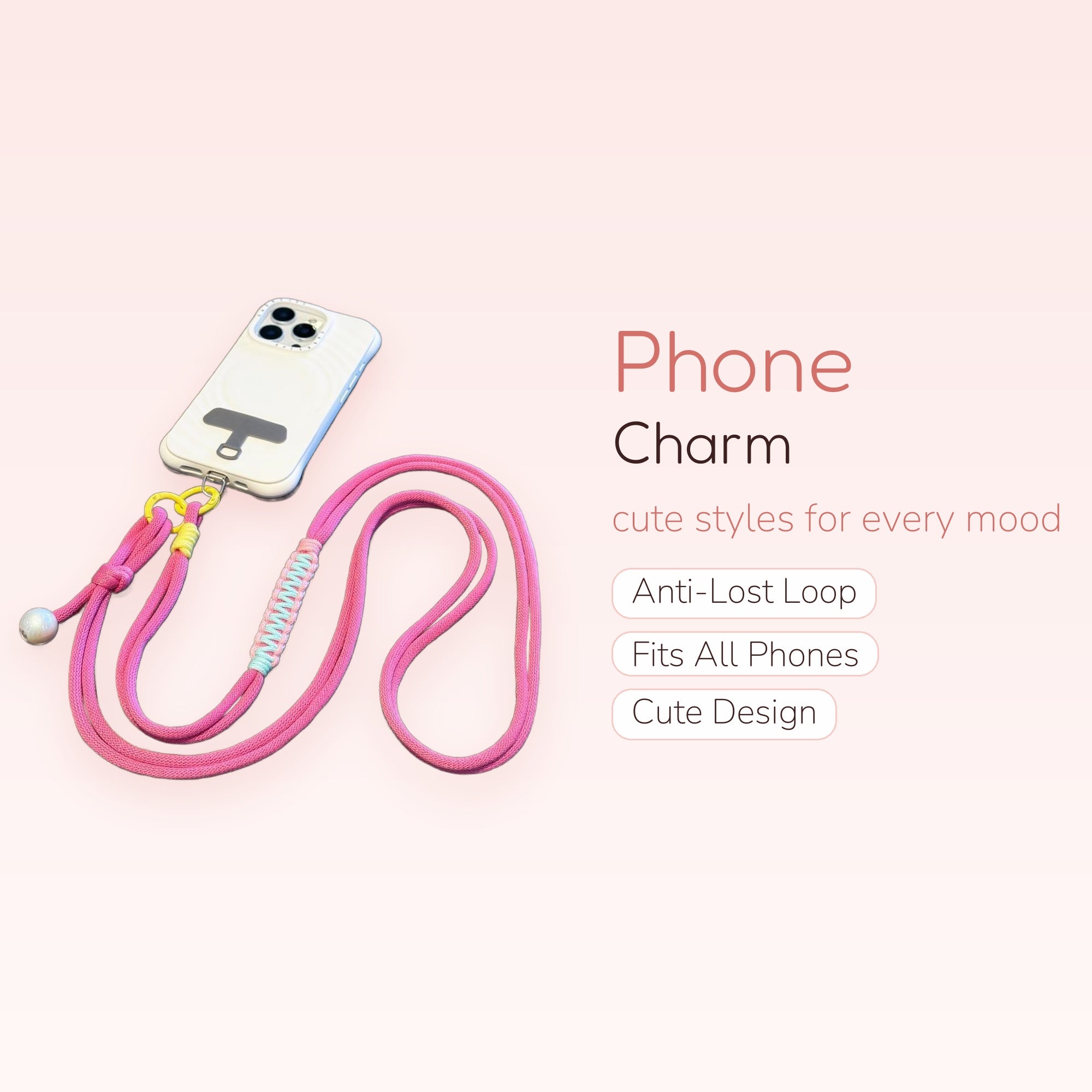 Pink Rope Phone Charm Lanyard | Cute Adjustable Crossbody Strap