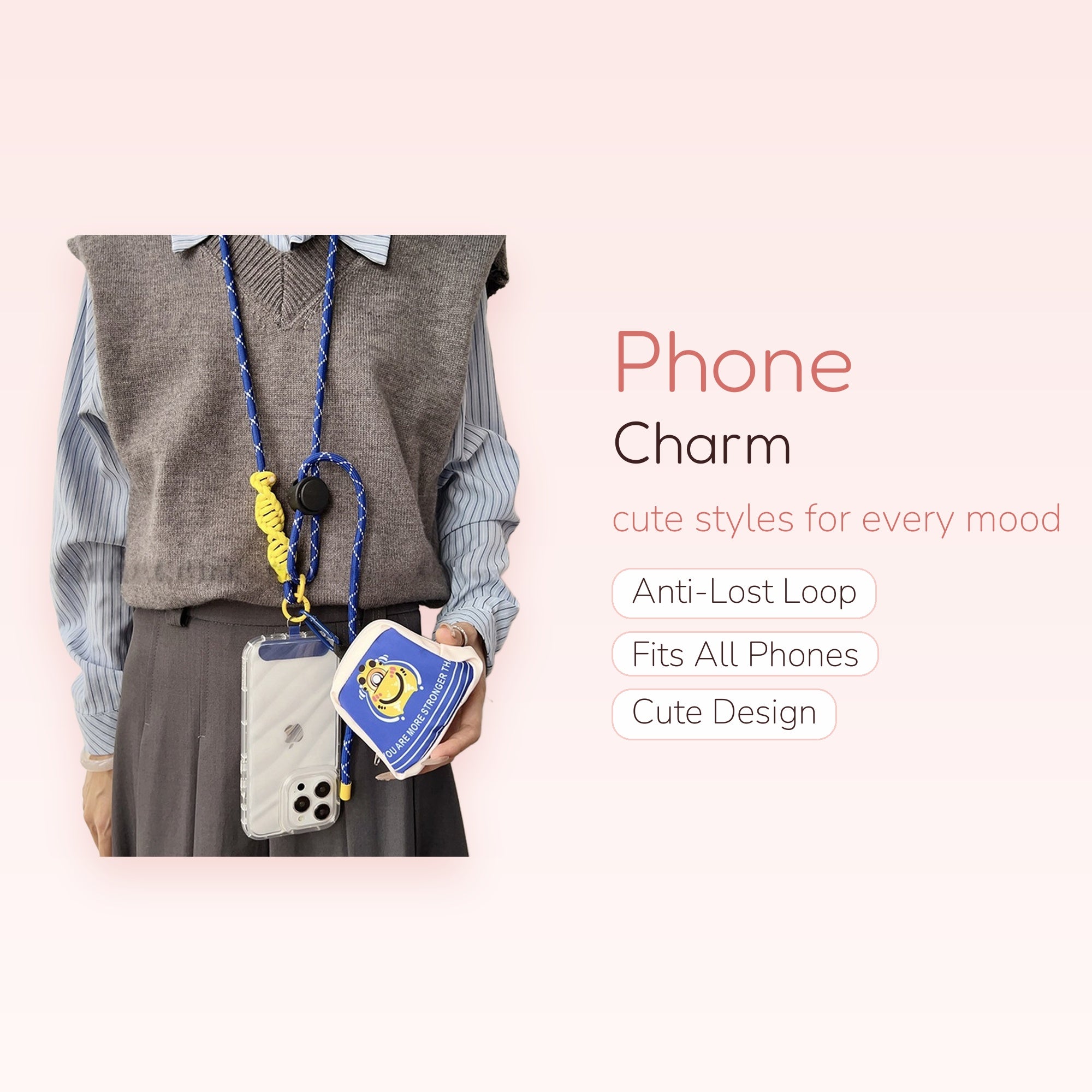 Blue & Yellow Rope Phone Lanyard with Clear Case | Cute Candy Charm Crossbody Strap