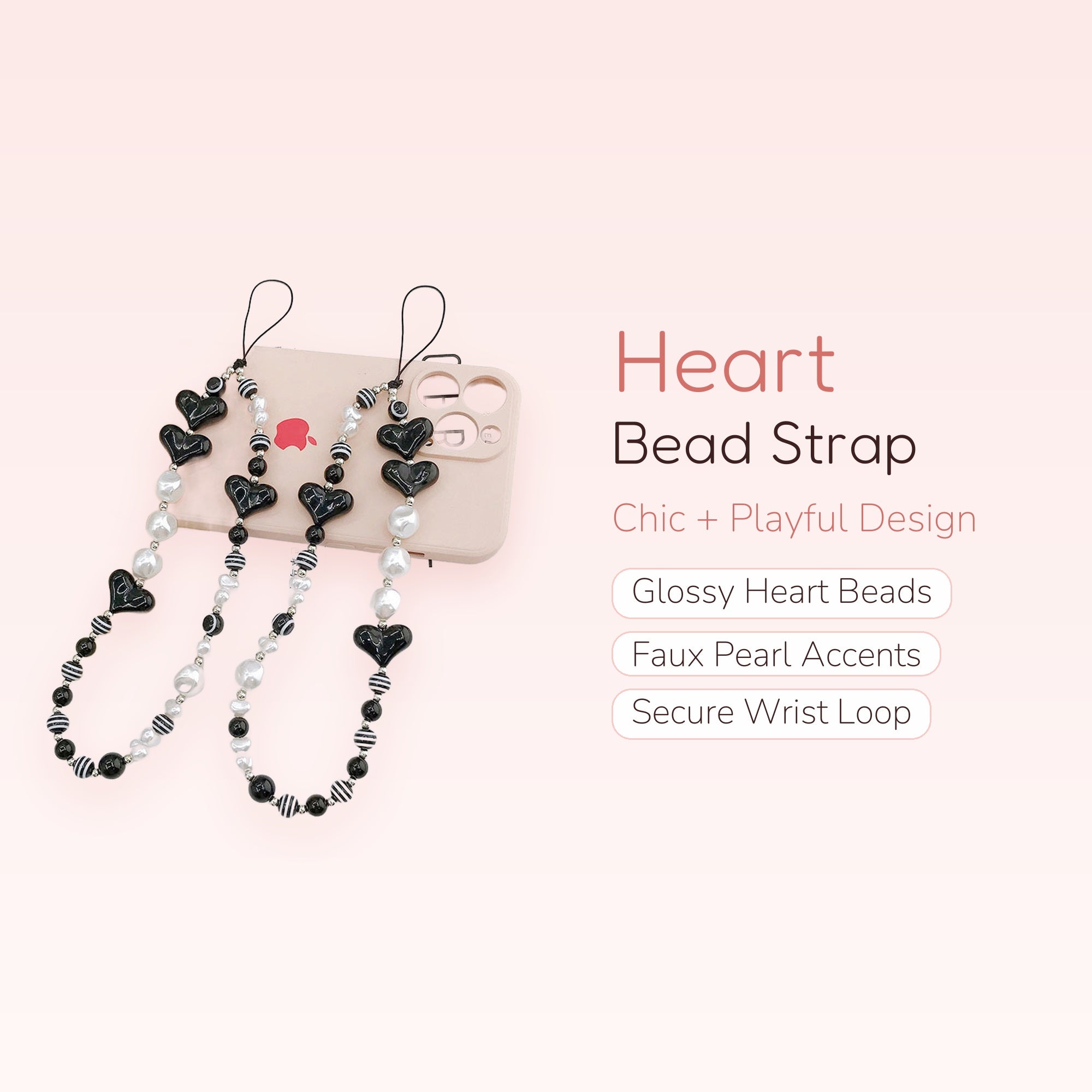 Black Heart & Pearl Phone Charm Strap | Cute Beaded Wrist Lanyard