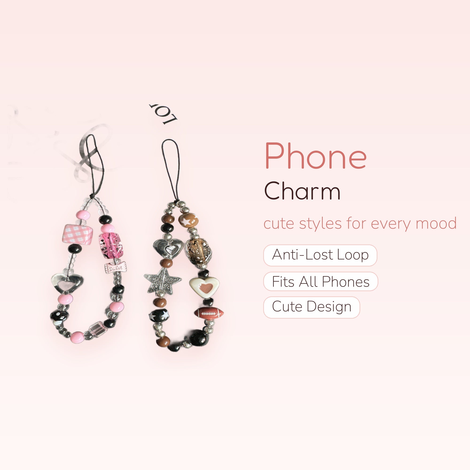 Kawaii Pink & Black Beaded Phone Charm | Sweet Heart & Star Wrist Strap