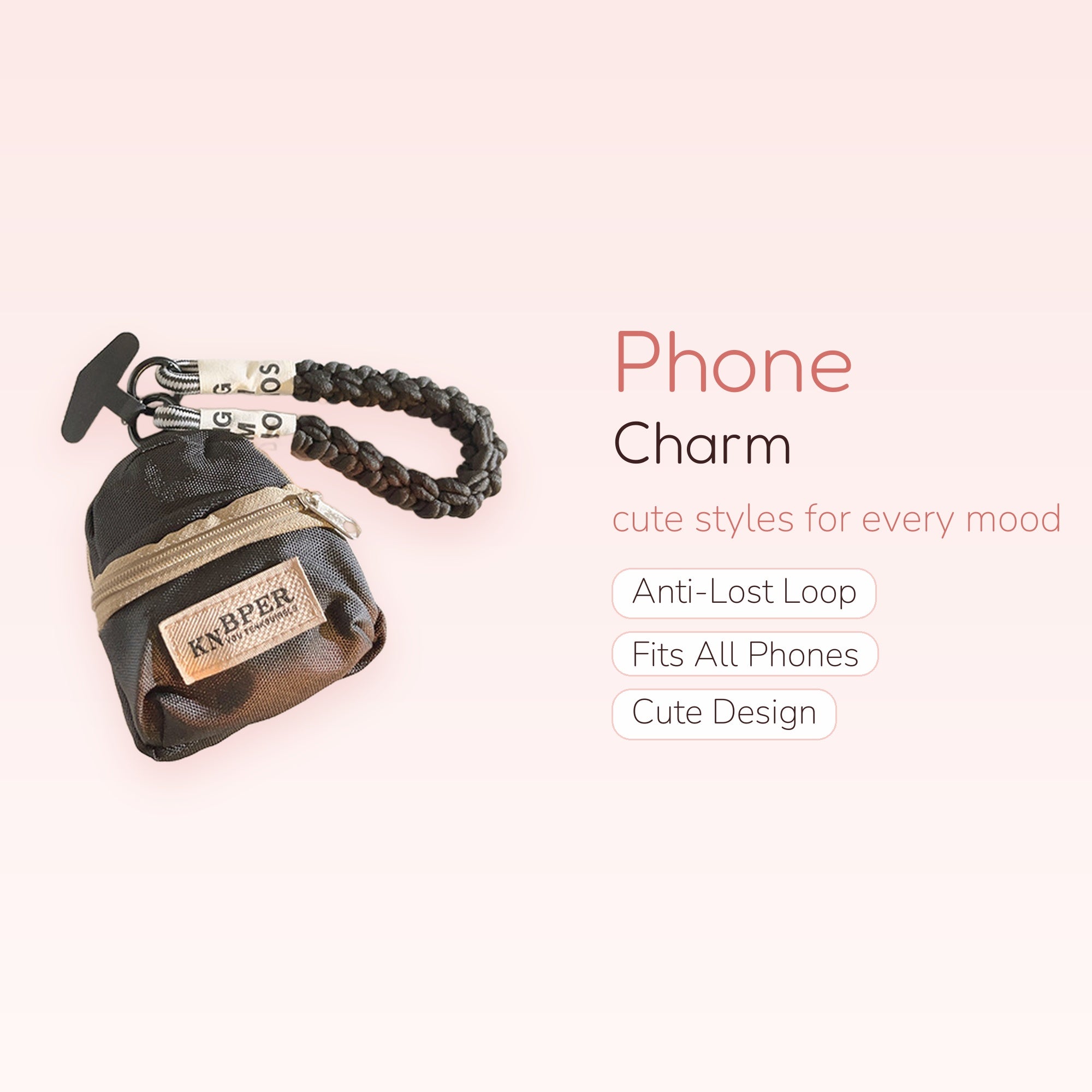 Mini Backpack Keychain Phone Charm | Black & Beige Wrist Strap Lanyard
