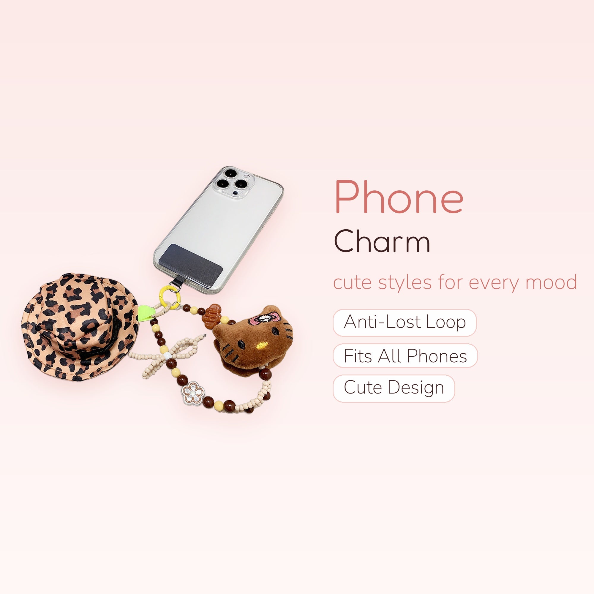 Leopard Print Hat & Hello Kitty Phone Charm | Brown Beaded Wrist Strap