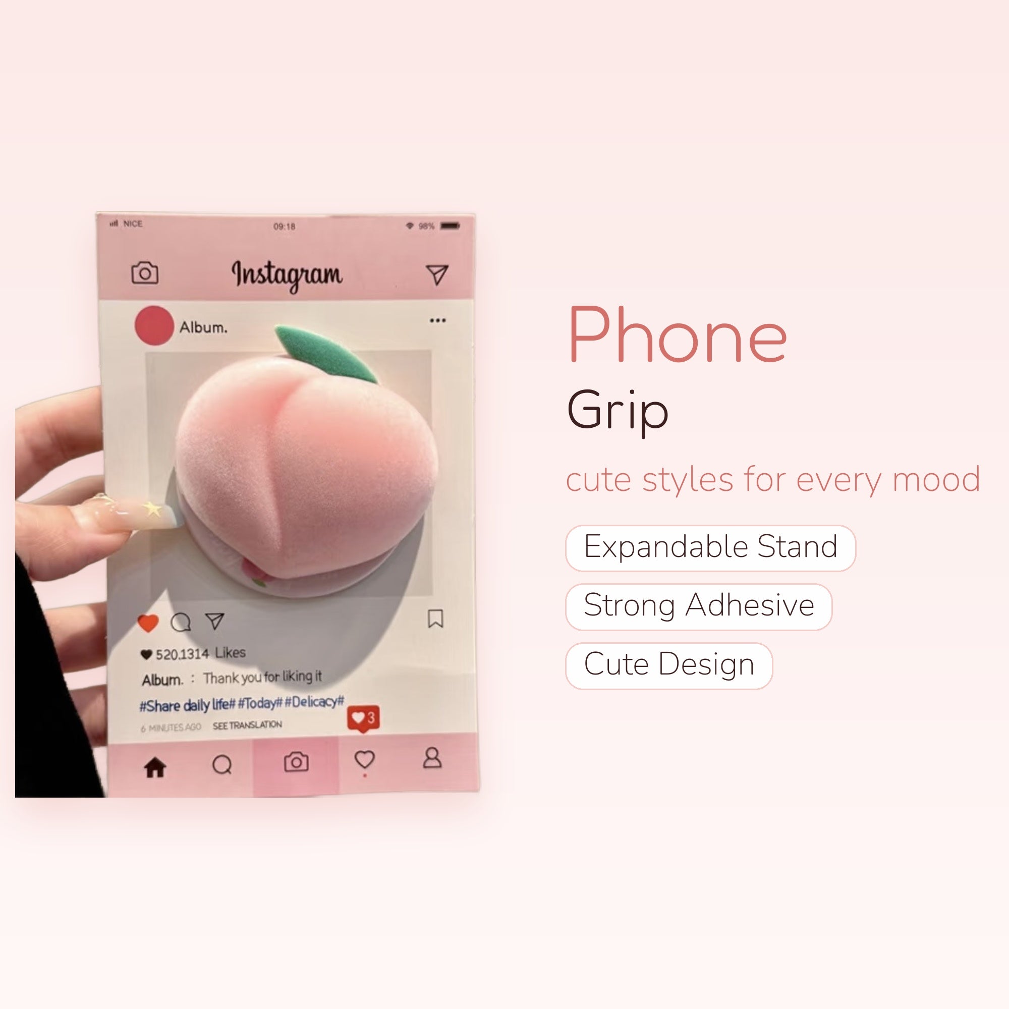 Fluffy Pink Peach Phone Grip | Kawaii Pop Socket Stand for Girls