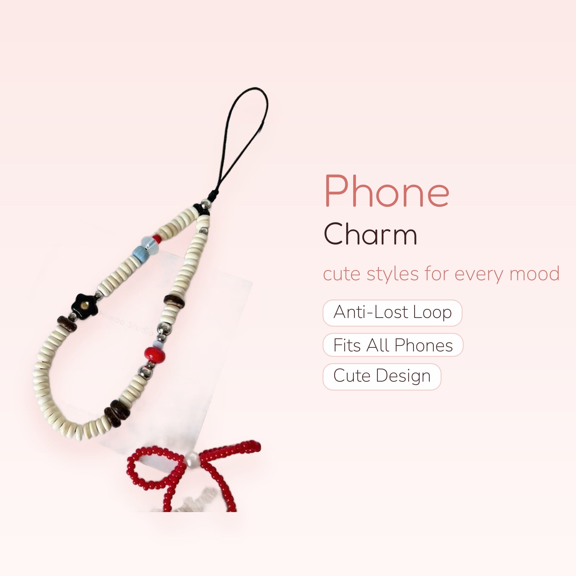 Aesthetic Beaded Phone Charm Strap | Cute Black Flower & Red Bead Wrist Lanyard