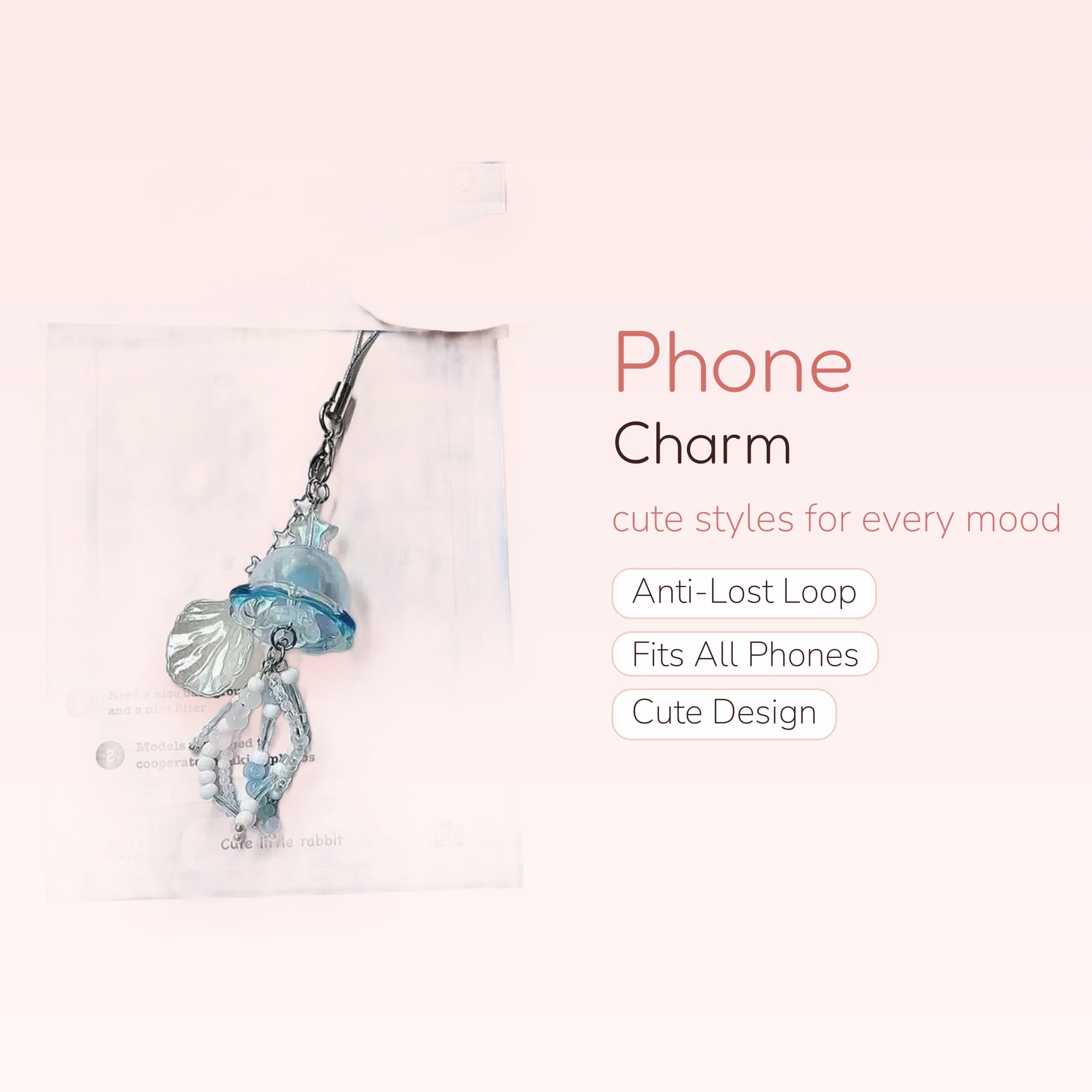 Kawaii Blue Jellyfish & Shell Phone Charm Strap | Aesthetic Beaded Wrist Lanyard