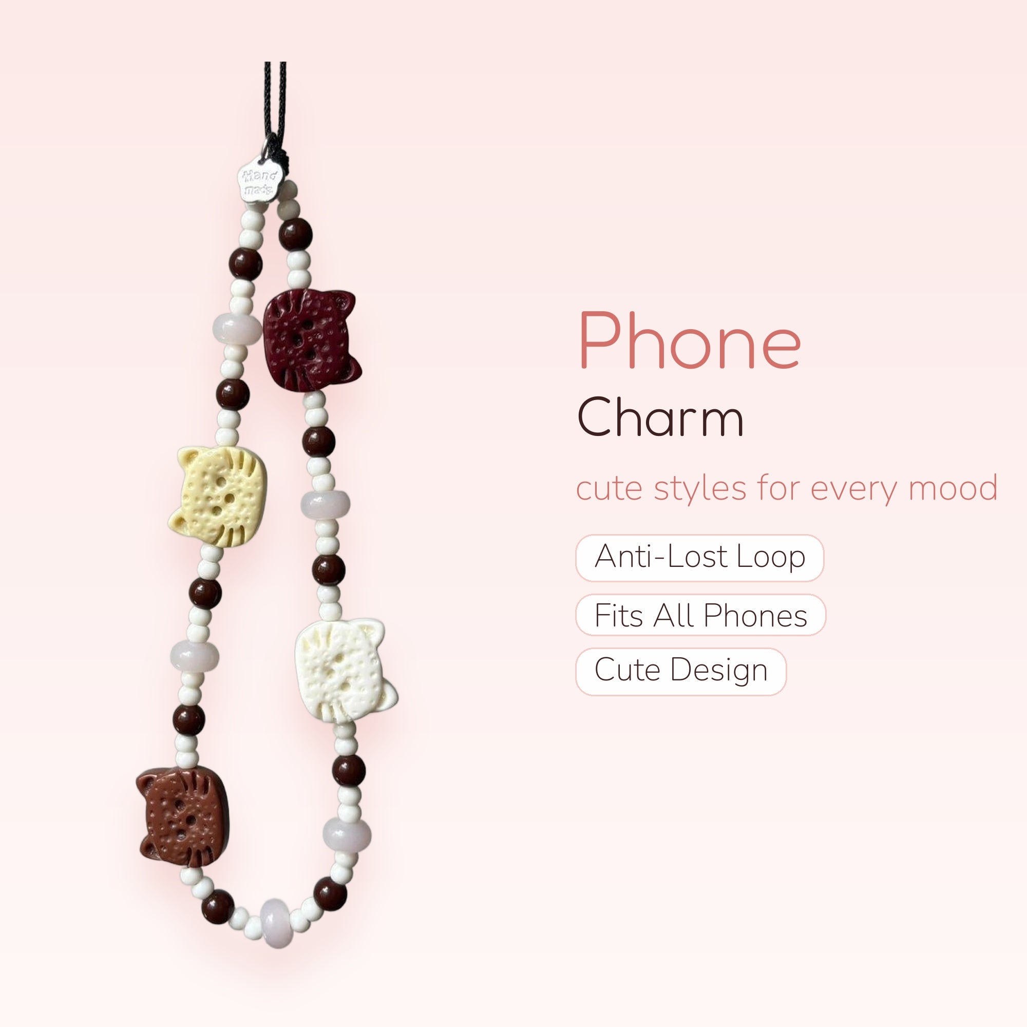 Cute Cat Cookie Beaded Phone Charm | Aesthetic Brown & White Wrist Strap